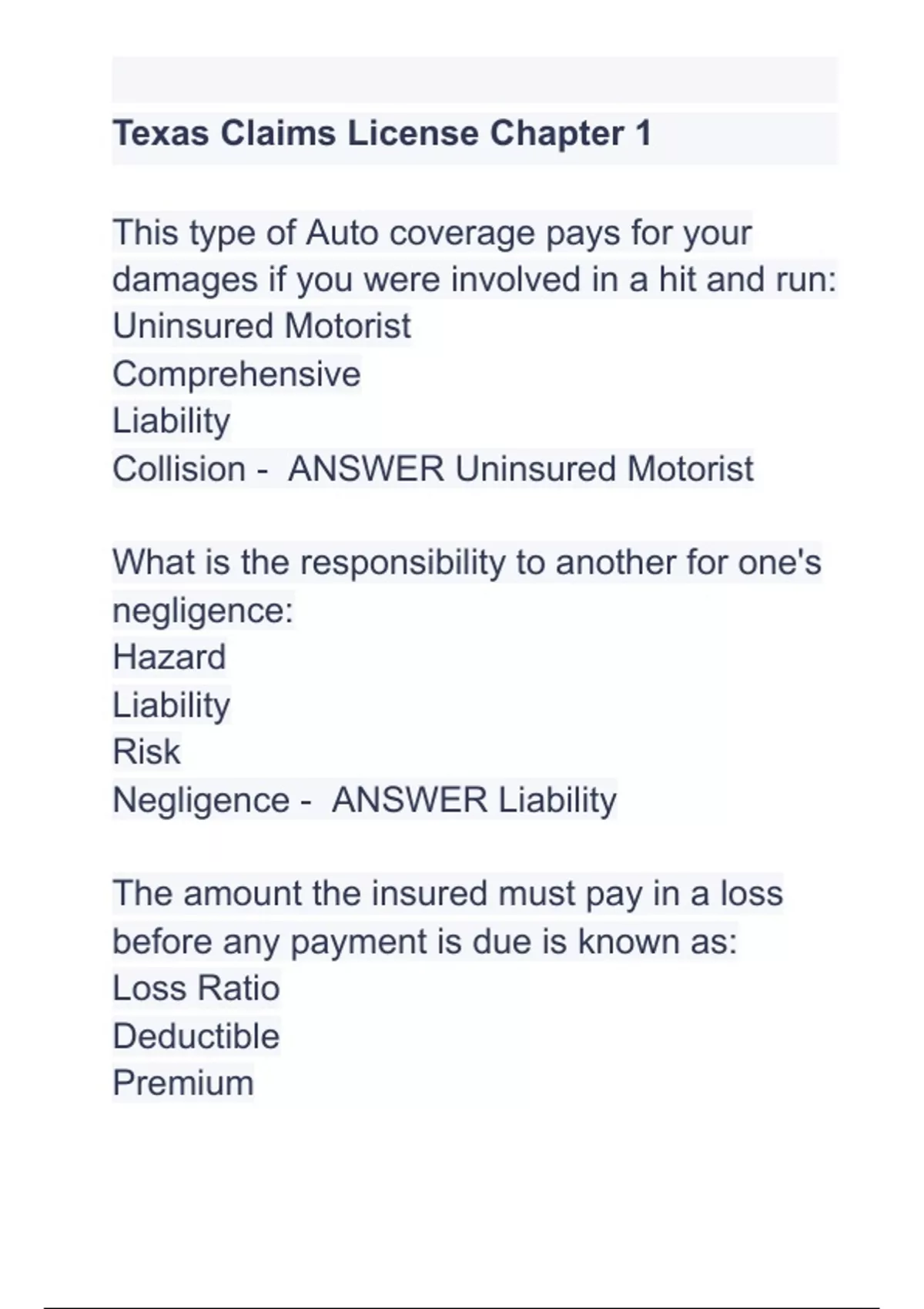 Texas Claims License Chapter 1 Actual Exam Latest 2024 Questions with