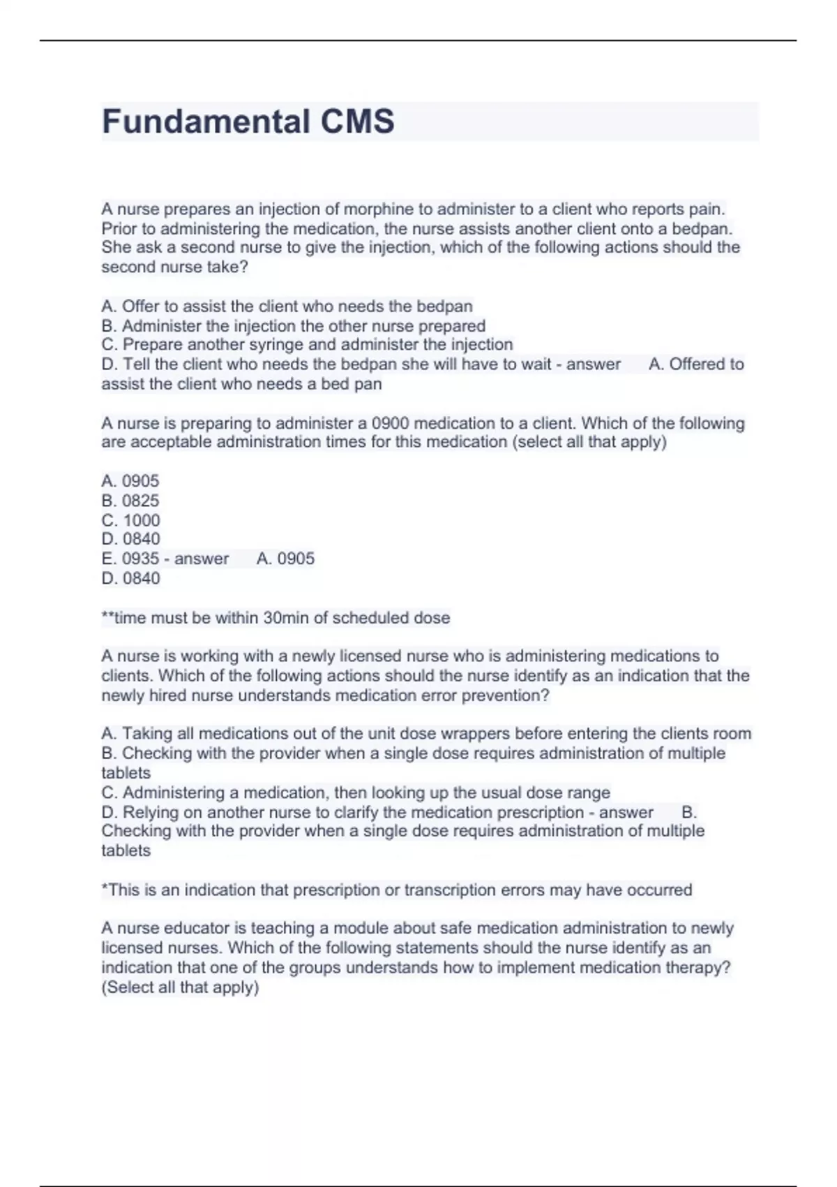 Fundamental CMS Questions and Answers 100% correct - ATI CMS ...
