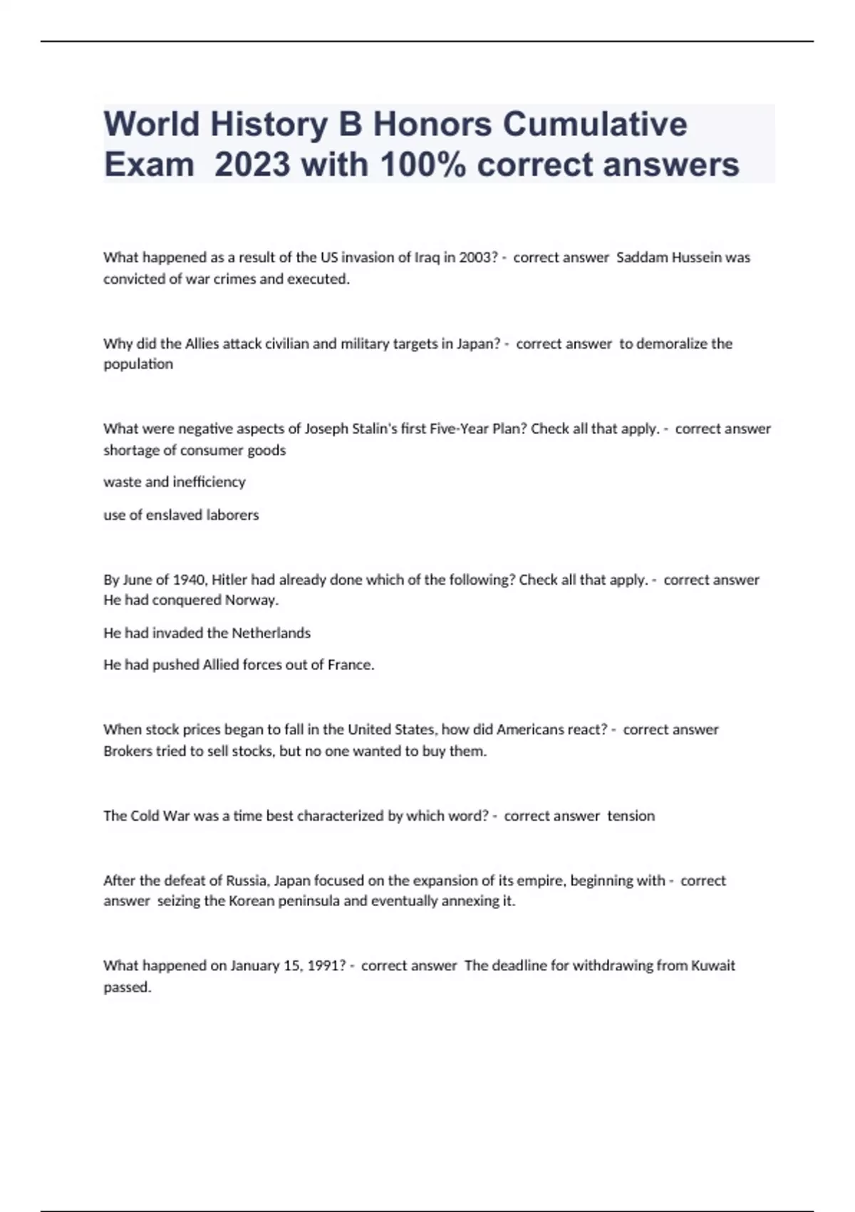 World History B Honors Cumulative Exam 2023 with 100 correct answers