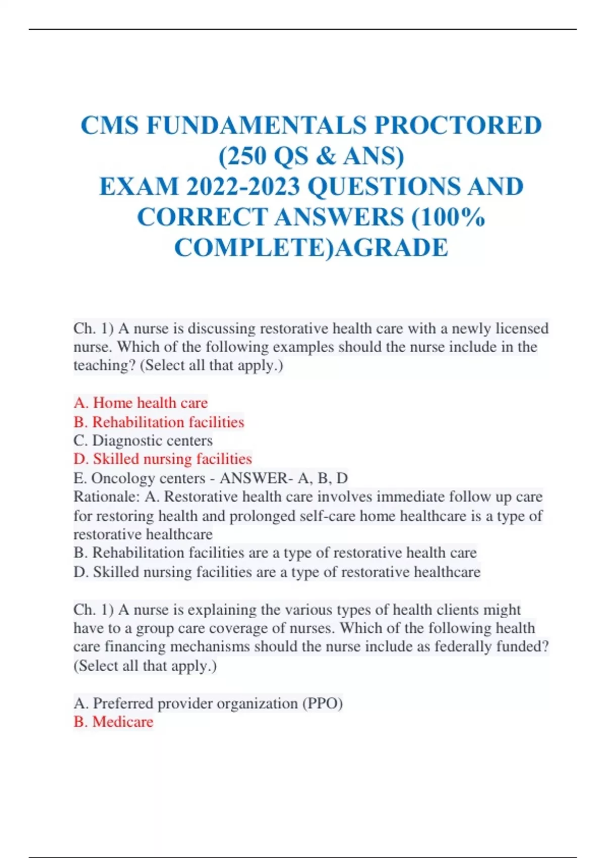 CMS FUNDAMENTALS PROCTORED (250 QS & ANS) EXAM QUESTIONS AND CORRECT ANSWERS (100% COMPLETE ...