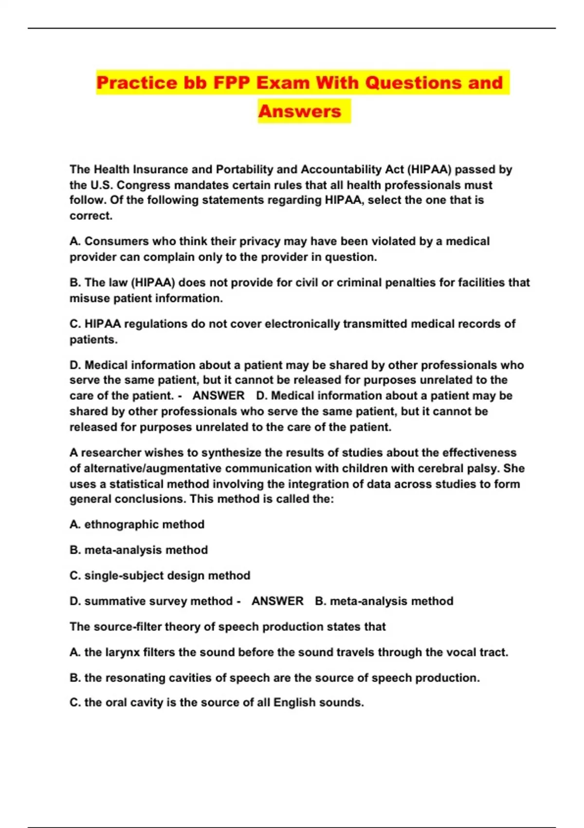 Practice bb FPP Exam With Questions and Answers - Bb FPP - Stuvia US