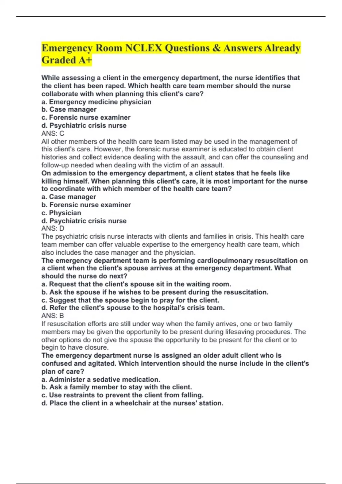 Emergency Room NCLEX Questions & Answers Already Graded A+ Stuvia US