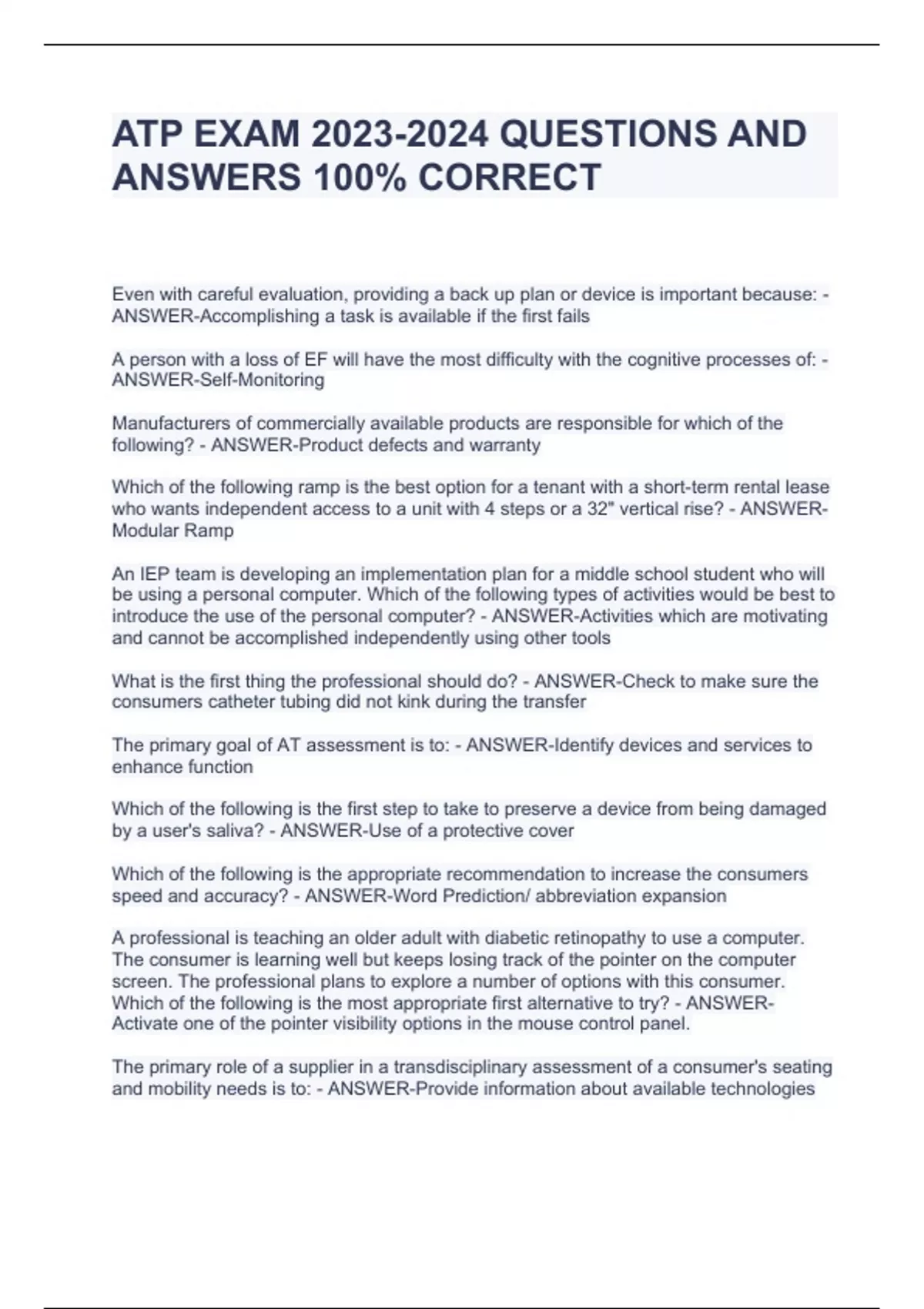 ATP EXAM QUESTIONS AND ANSWERS 100 CORRECT ATP Stuvia US