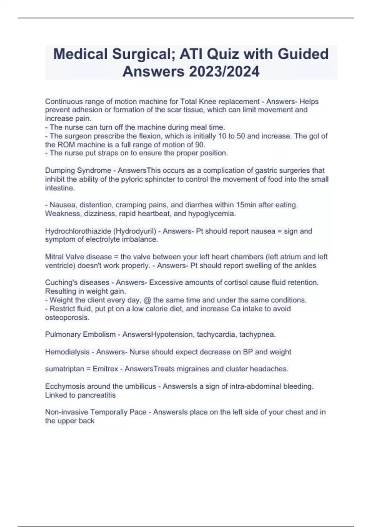 Medical Surgical; ATI Quiz with Guided Answers 2023/2024 Stuvia US