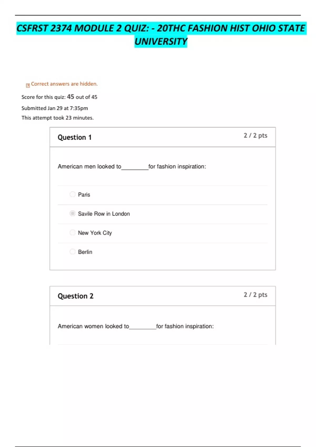 CSFRST 2374 MODULE 2 QUIZ - 20THC FASHION HIST OHIO STATE UNIVERSITY ...