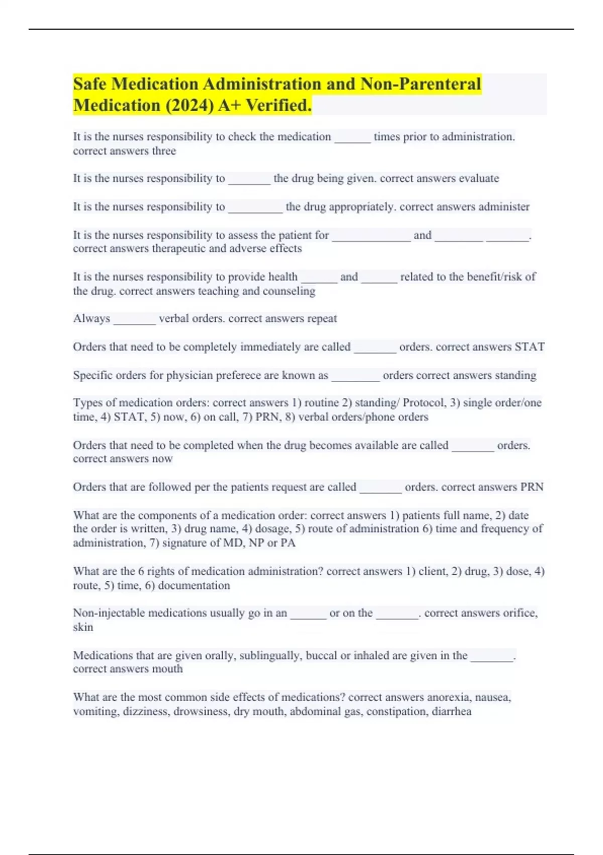 Safe Medication Administration and Non-Parenteral Medication (2024) A+ ...