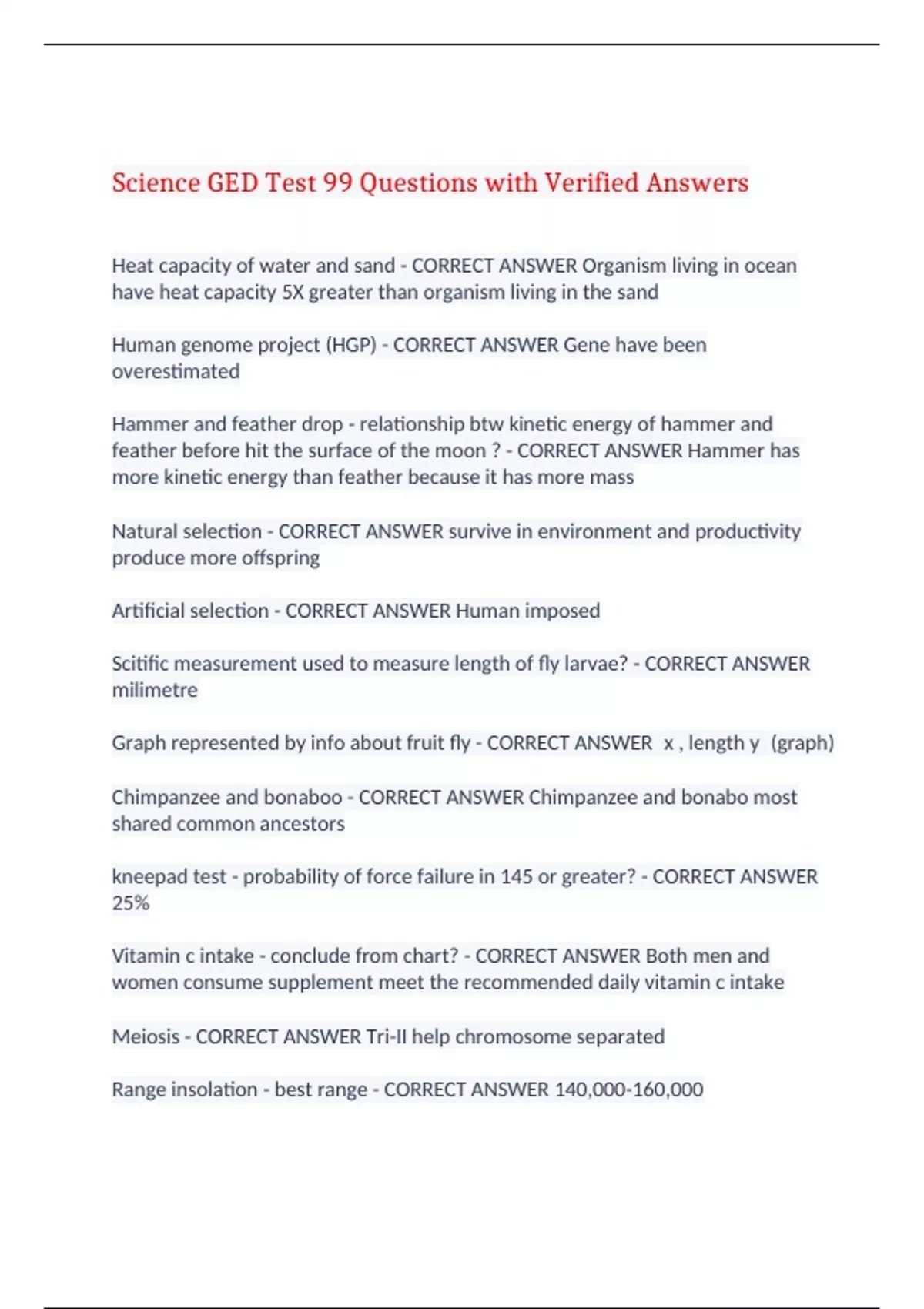 Science GED Test 99 Questions with Verified Answers,100 CORRECT