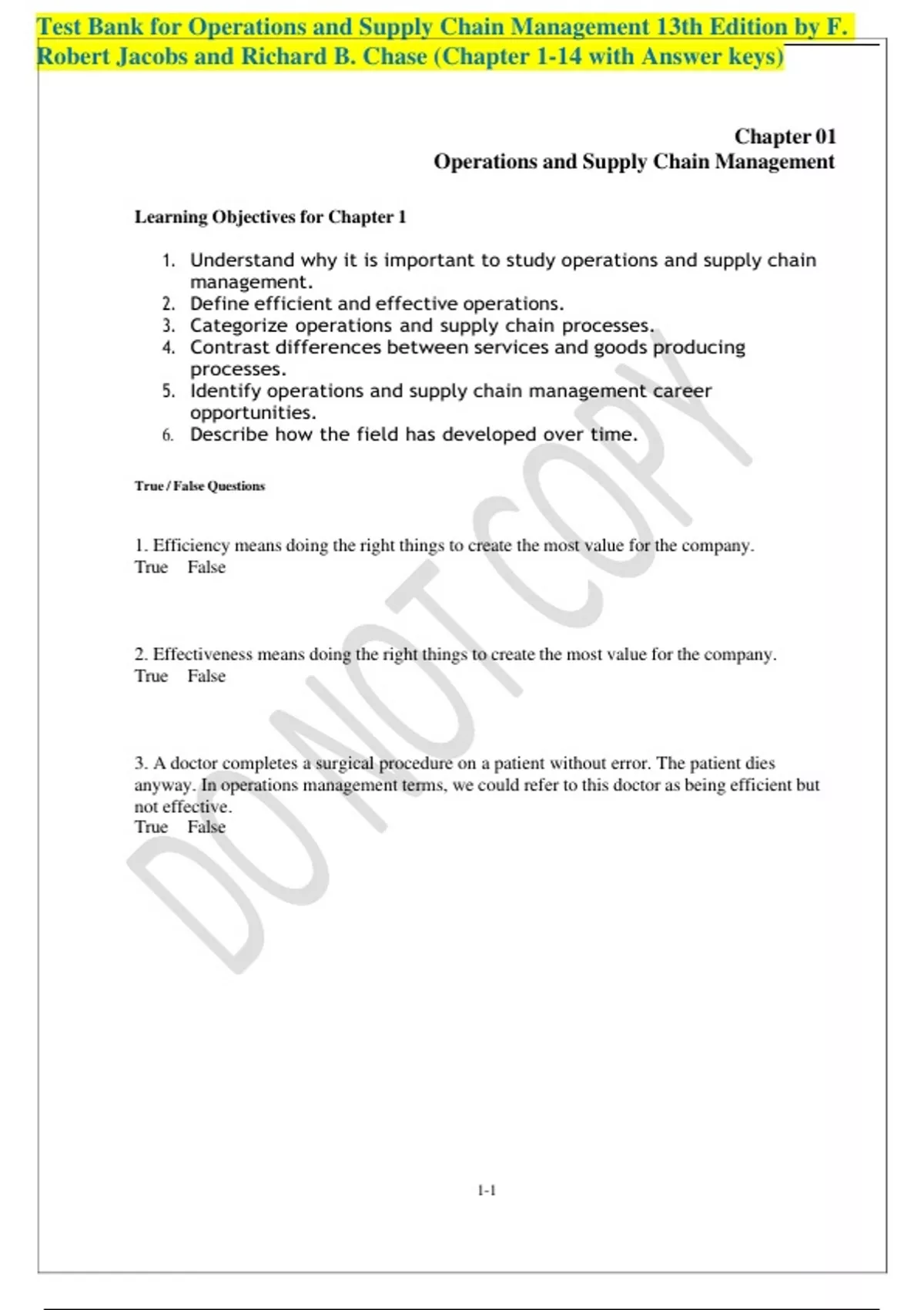 Test Bank for Operations and Supply Chain Management 13th Edition by F ...