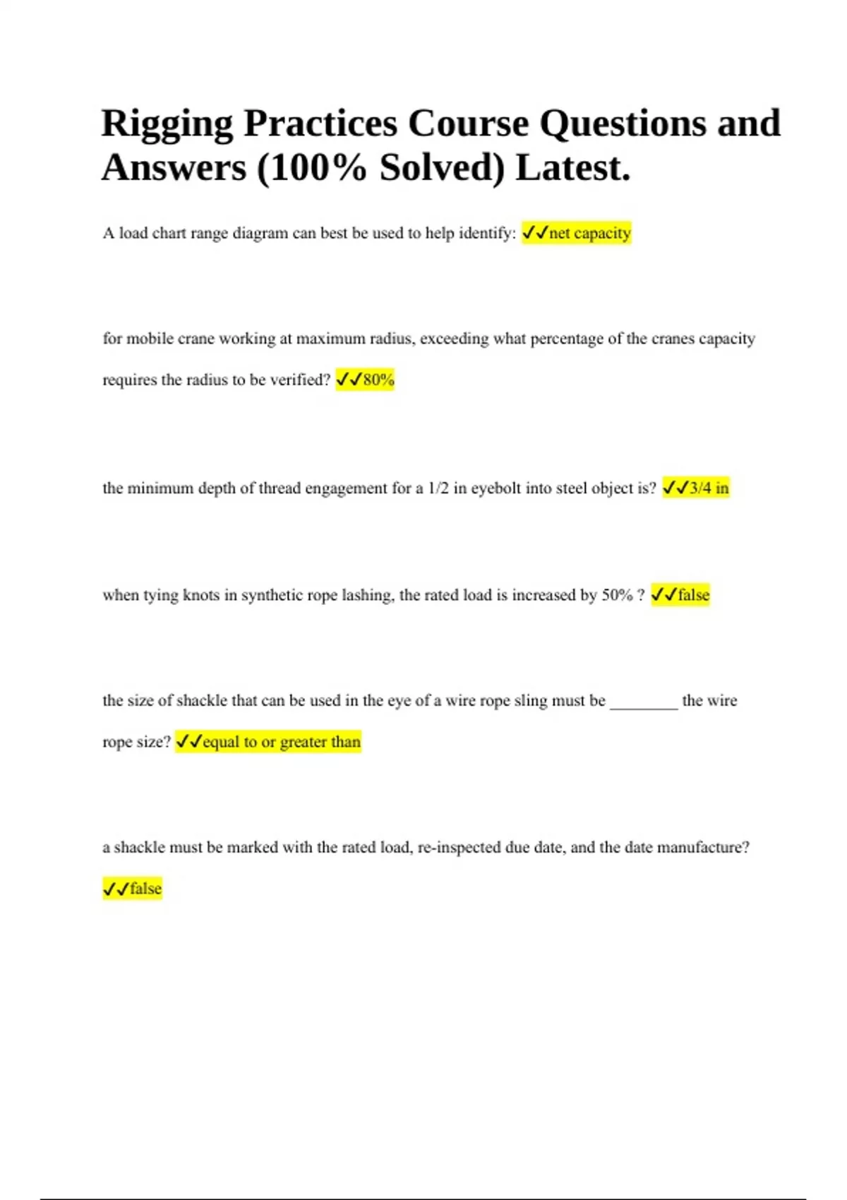 Rigging Practices Course Questions and Answers (100 Solved) Latest