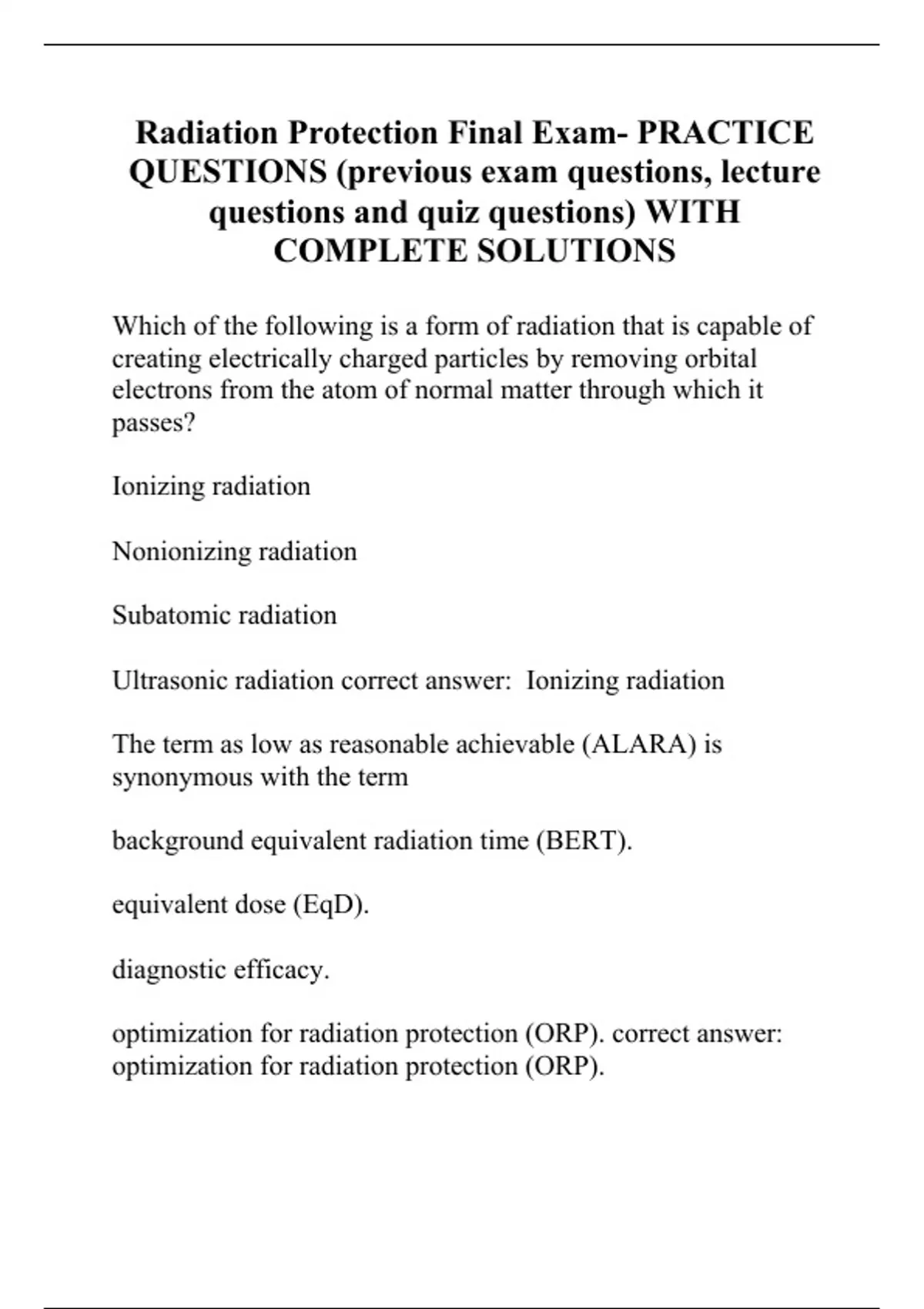 Radiation Protection Final Exam PRACTICE QUESTIONS (previous exam