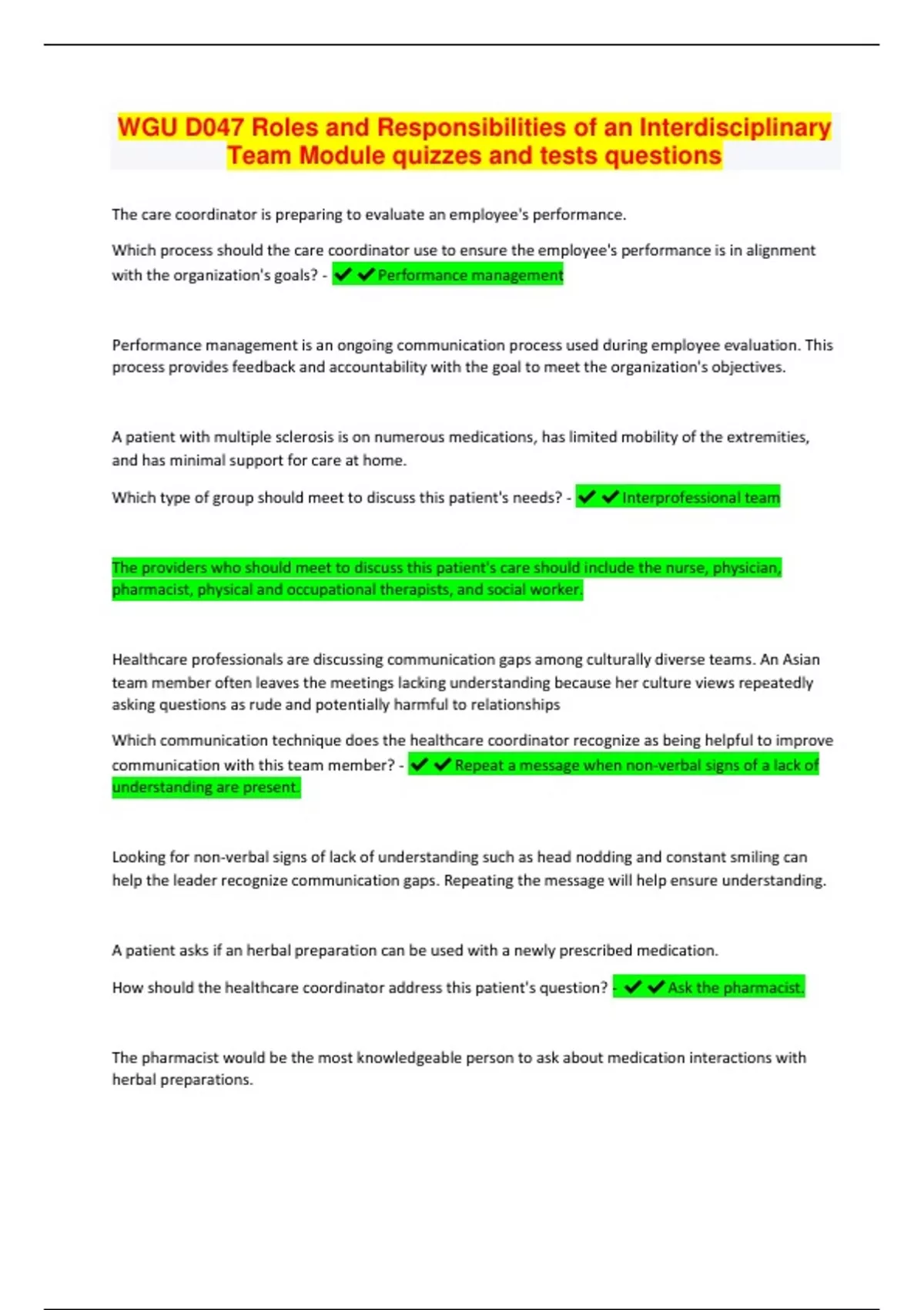 WGU D047 Roles and Responsibilities of an Interdisciplinary Team Module ...