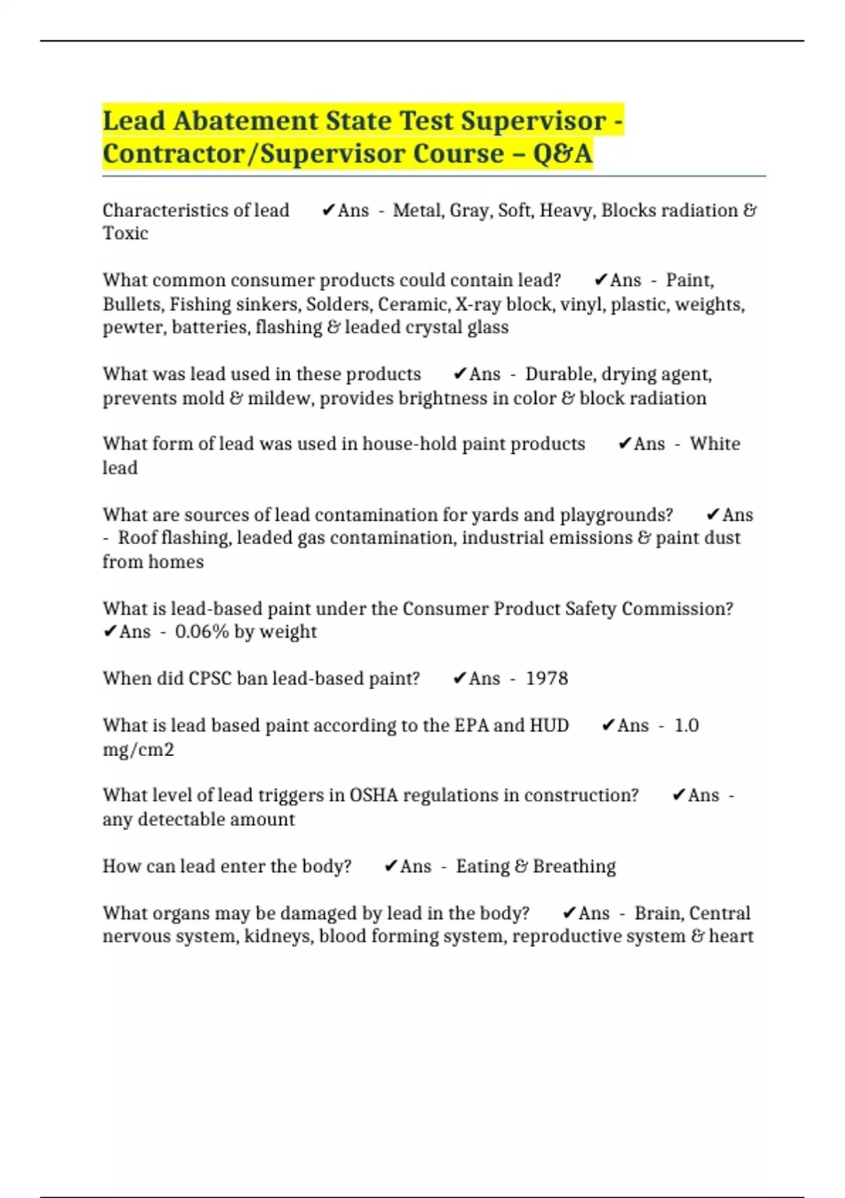 Lead Abatement State Test Supervisor Contractor/Supervisor Course Q