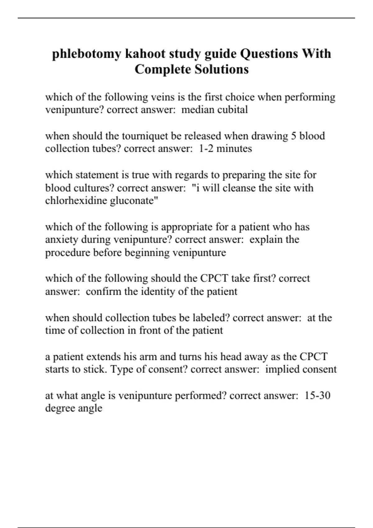 phlebotomy kahoot study guide Questions With Complete Solutions ...