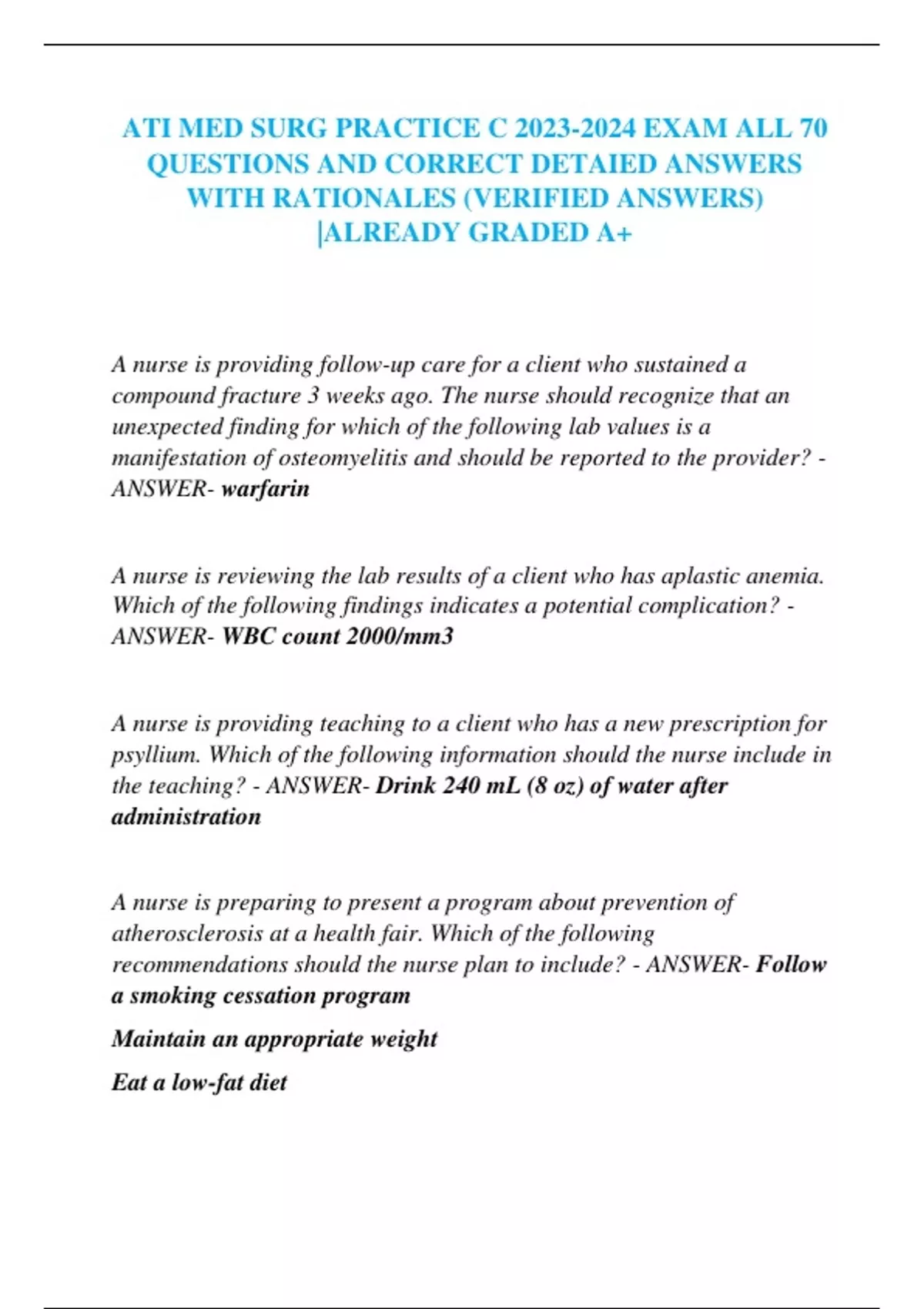 ATI MED SURG PROCTORED PRACTICE C EXAM ALL 70 QUESTIONS AND CORRECT ...