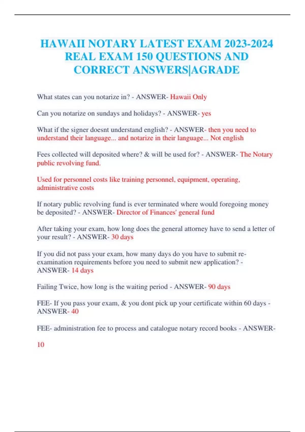 Summary REAL HAWAII NOTARY LATEST EXAM REAL EXAM 150 QUESTIONS AND