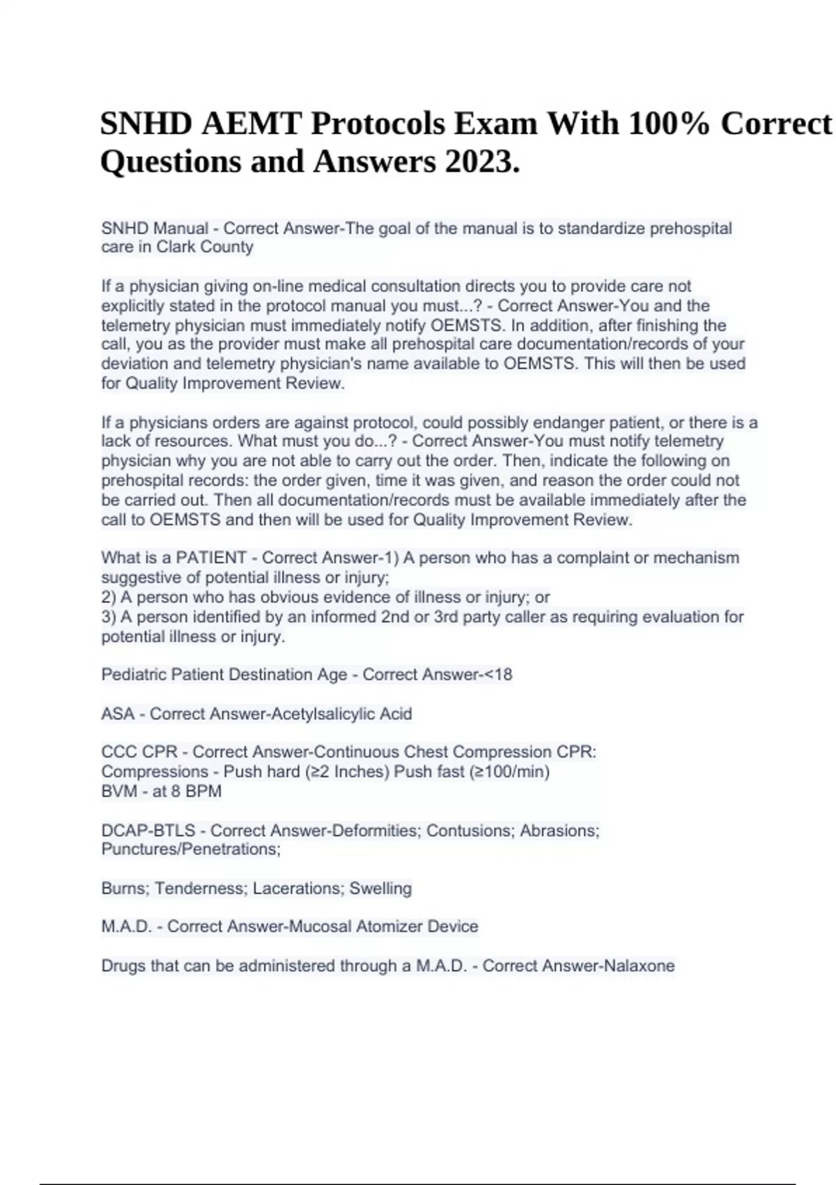 SNHD AEMT Protocols Quiz Exam With 100 Correct Answers 2023 & SNHD