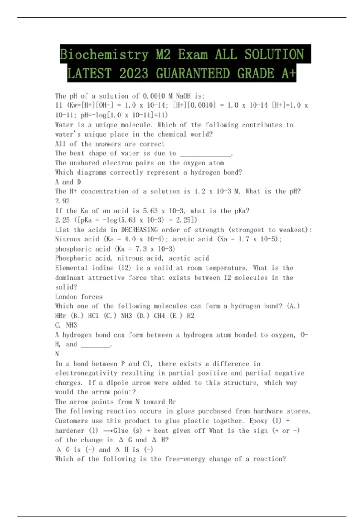 Biochemistry M2 Exam ALL SOLUTION LATEST 2023 GUARANTEED GRADE A+ ...