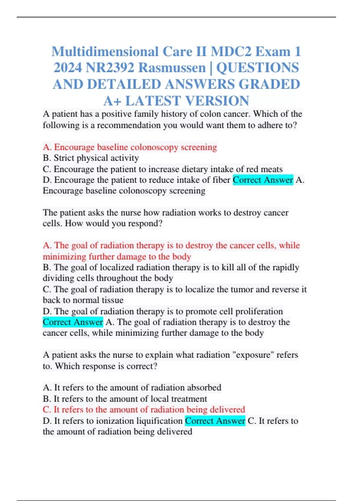 Multidimensional Care II MDC2 Exam 1 2024 NR2392 Rasmussen | QUESTIONS ...