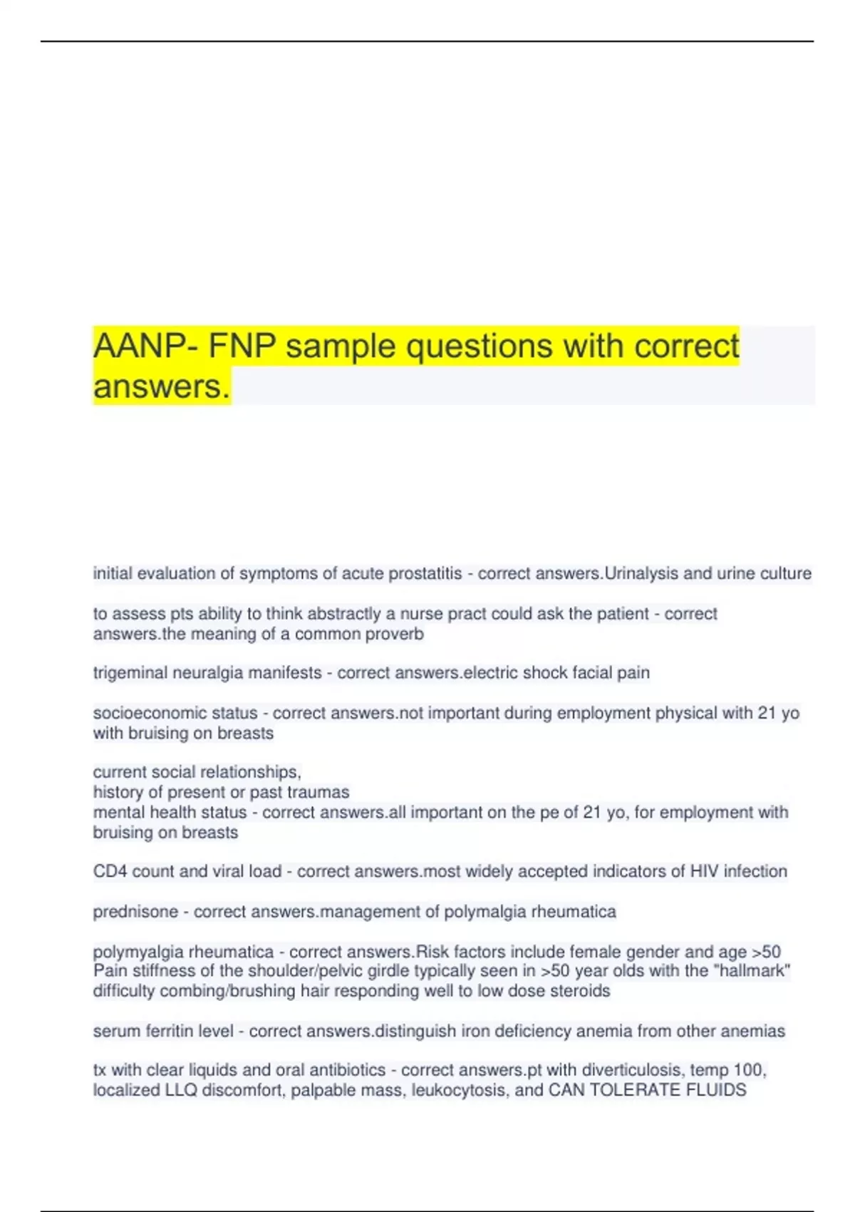 AANP- FNP sample questions with correct answers. - AANP- FNP sample ...
