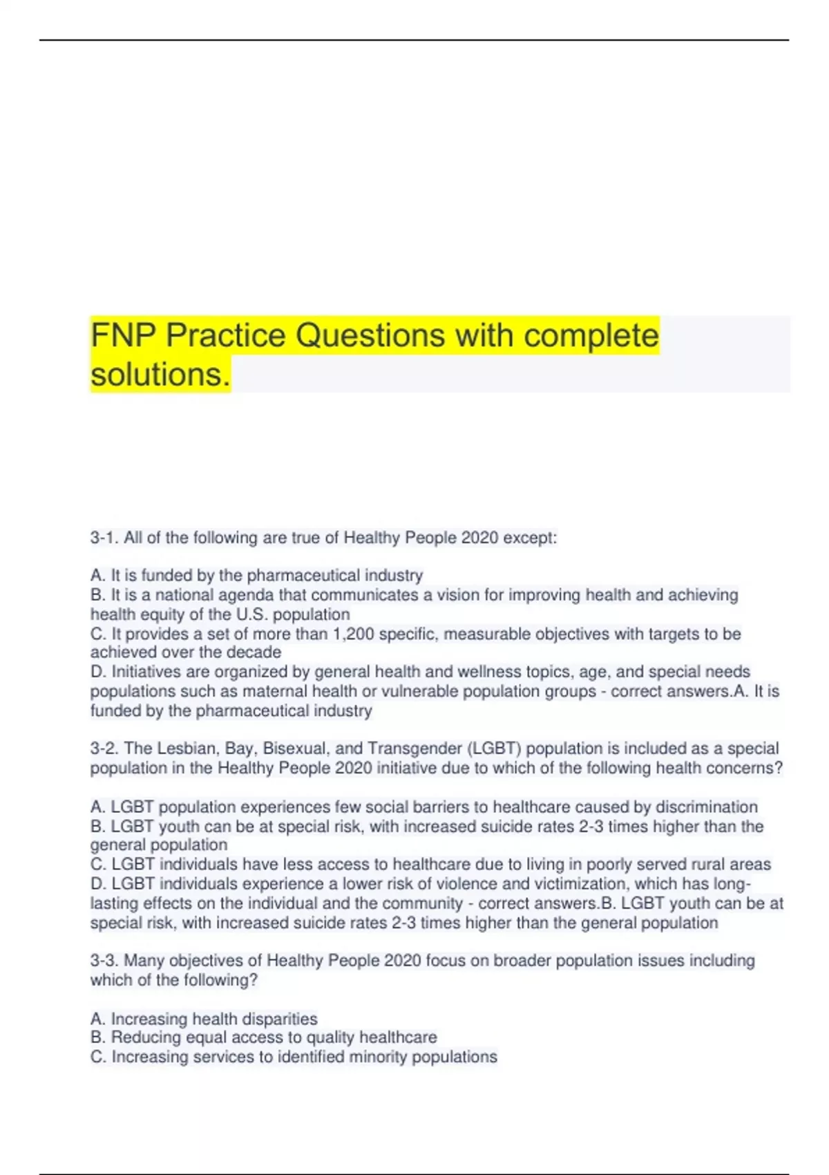 FNP Practice Questions with complete solutions. - FNP Practice - Stuvia US