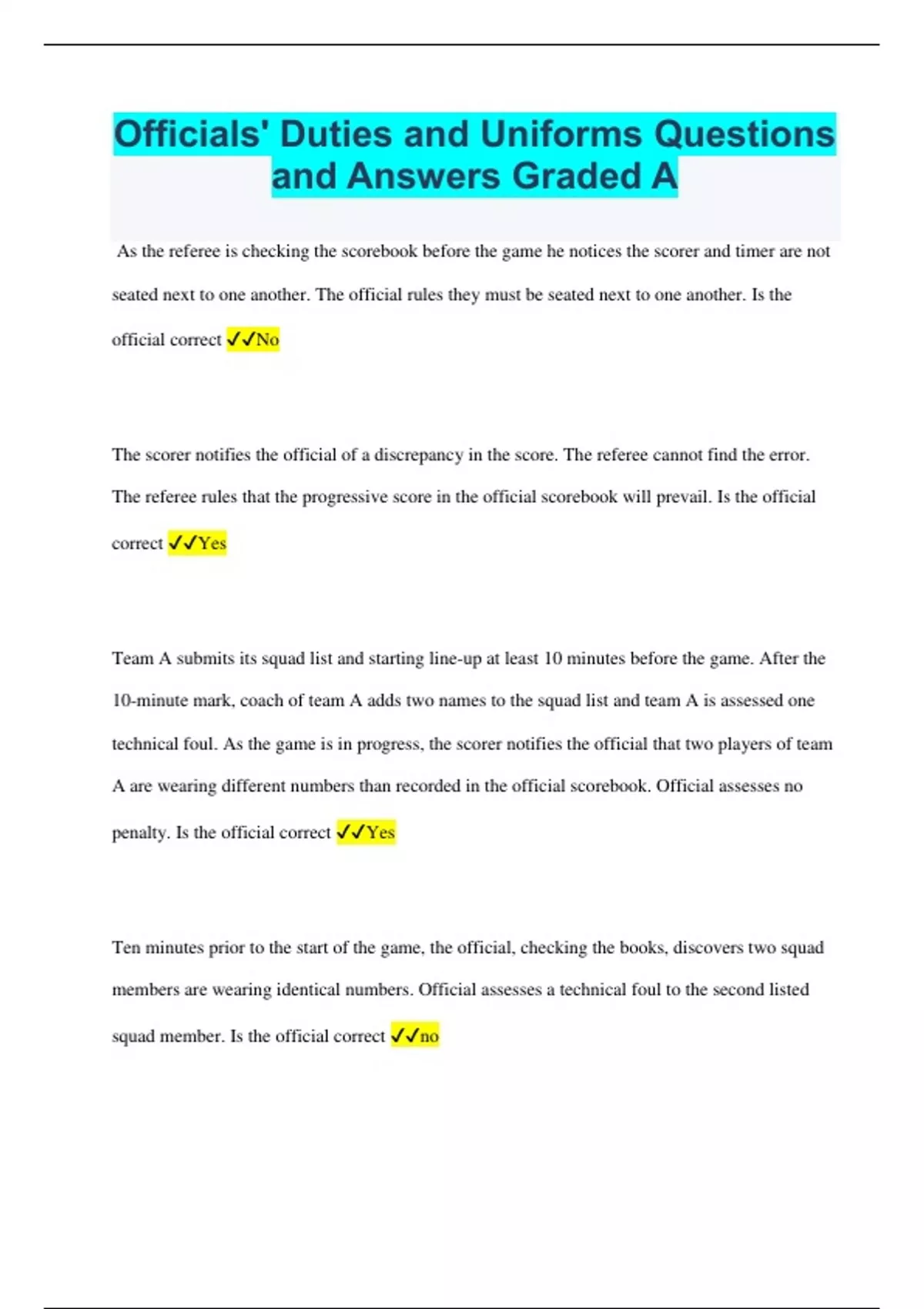 Officials' Duties and Uniforms Questions and Answers Graded A Stuvia US