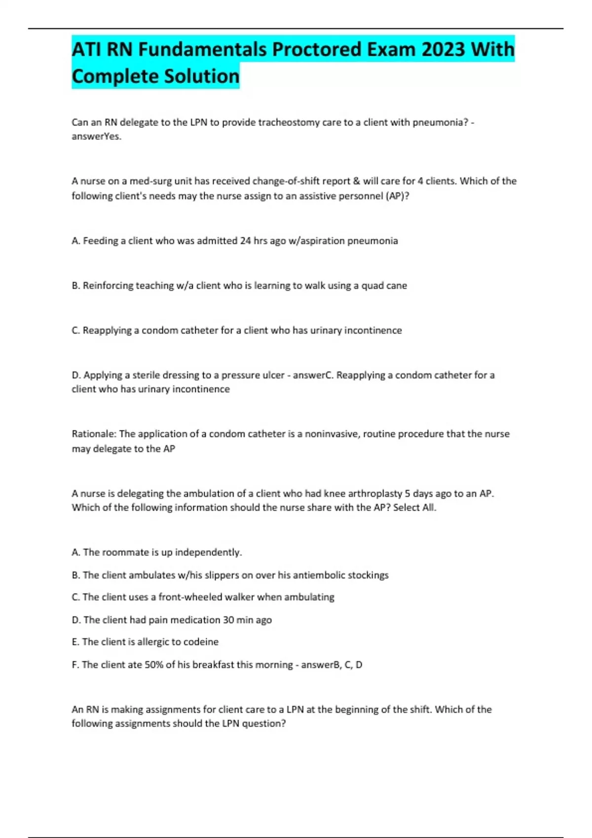 ATI RN Fundamentals Proctored Exam 2023 With Complete Solution - ATI RN ...
