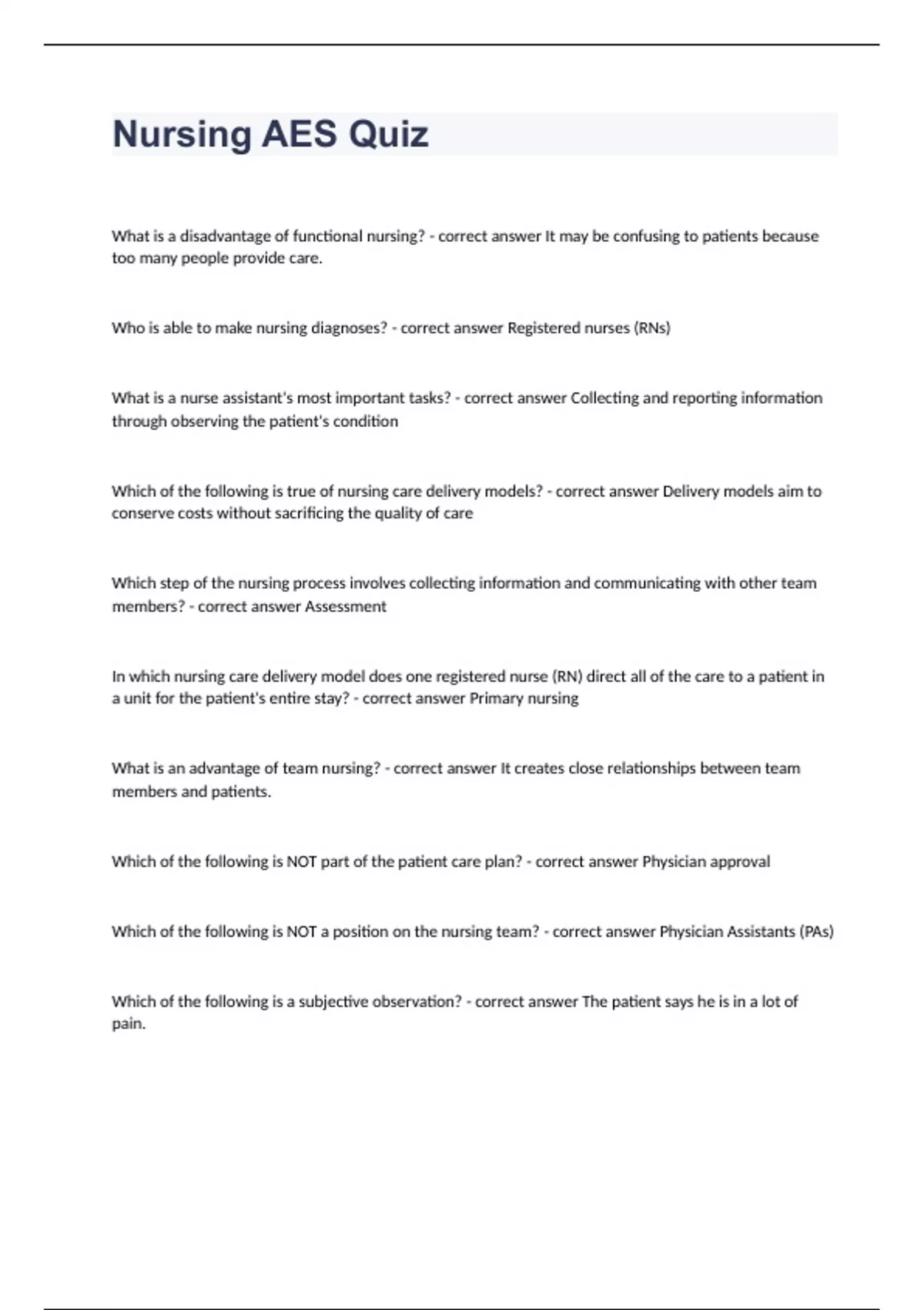 Nursing AES Quiz with correct answers rated A+ 2023/2024 already passed