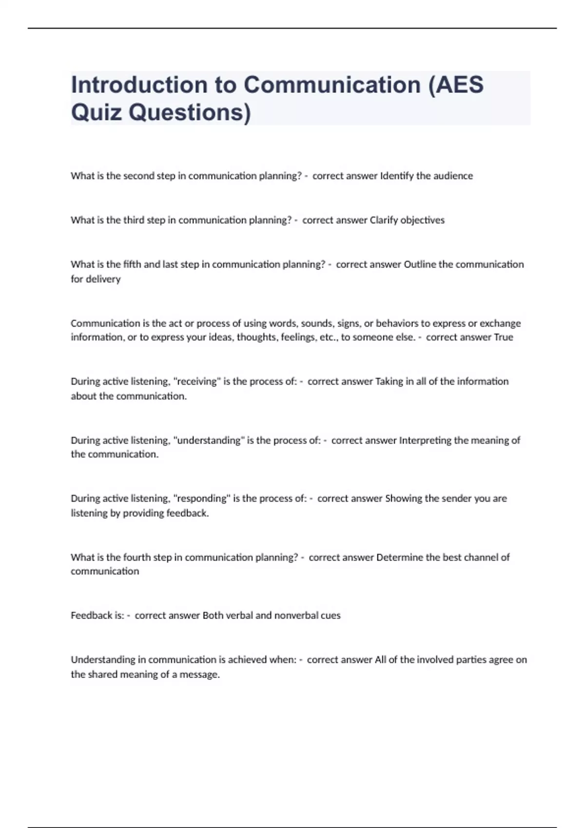 Introduction to Communication (AES Quiz Questions) fully solved graded