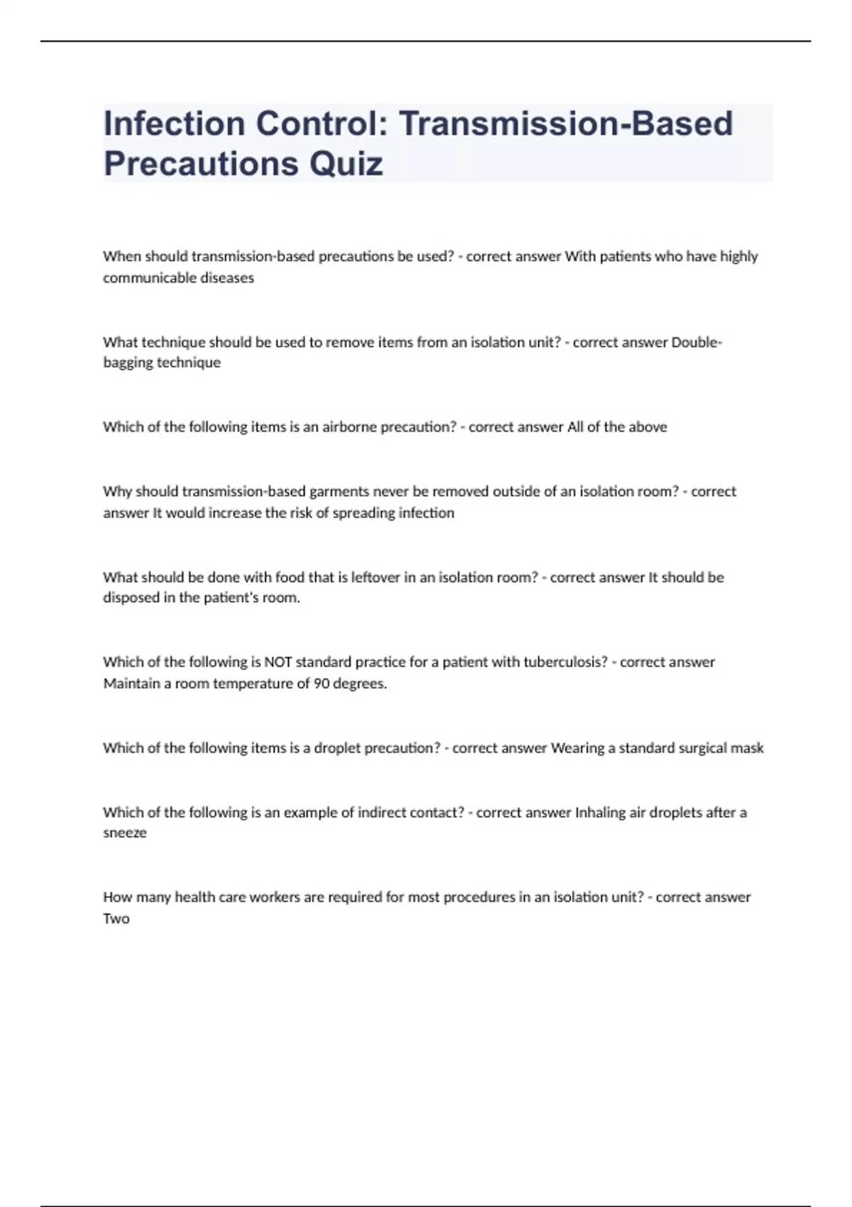 Infection Control TransmissionBased Precautions Quiz with correct