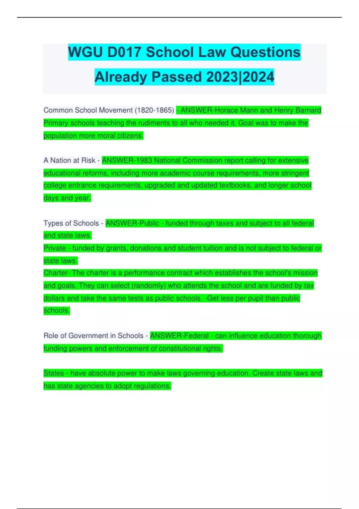 WGU D017 School Law Questions Already Passed 20232024 Stuvia US