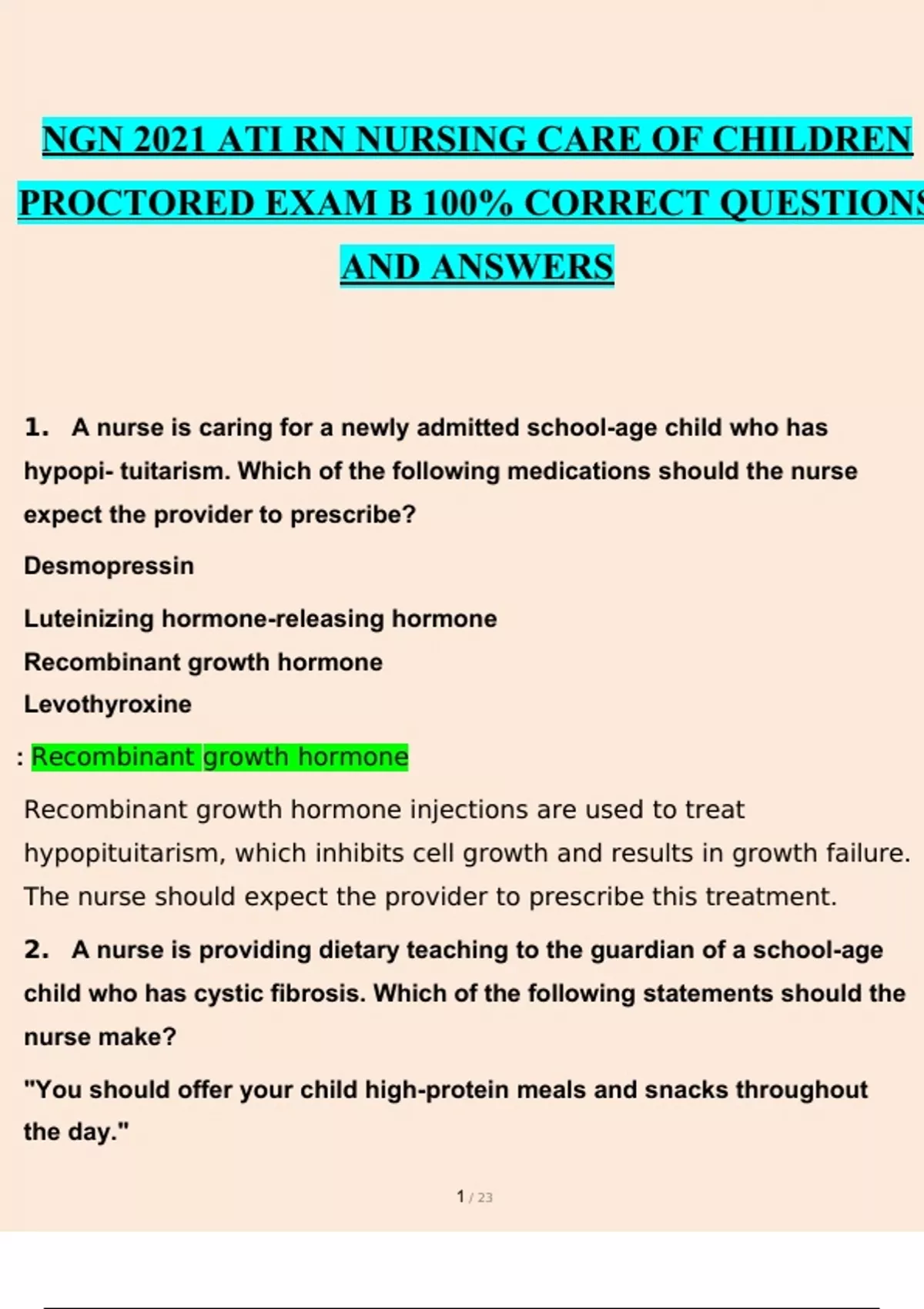 NGN 2021 ATI RN NURSING CARE OF CHILDREN PROCTORED EXAM B 100% CORRECT ...