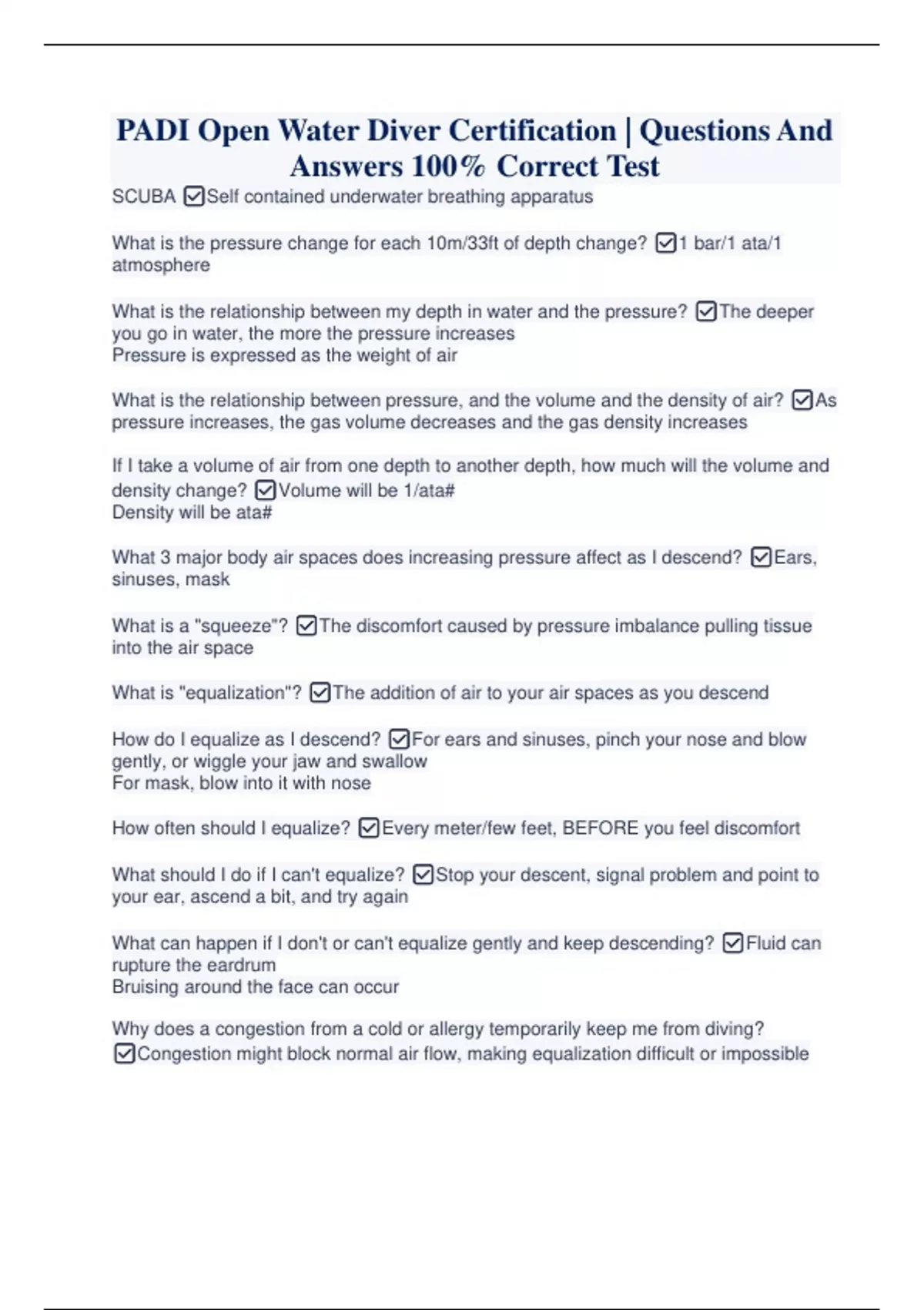 PADI Open Water Diver Certification Questions And Answers 100
