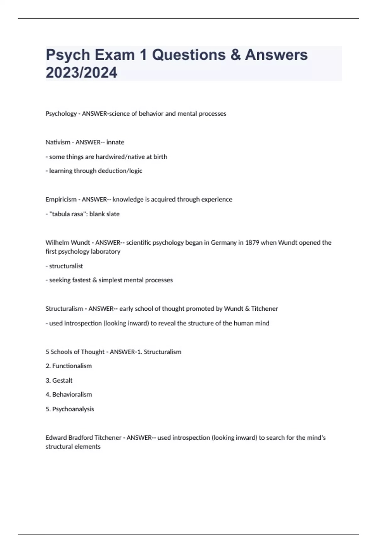 Psych Exam 1 Questions & Answers 2023/2024 - Psych - Stuvia US