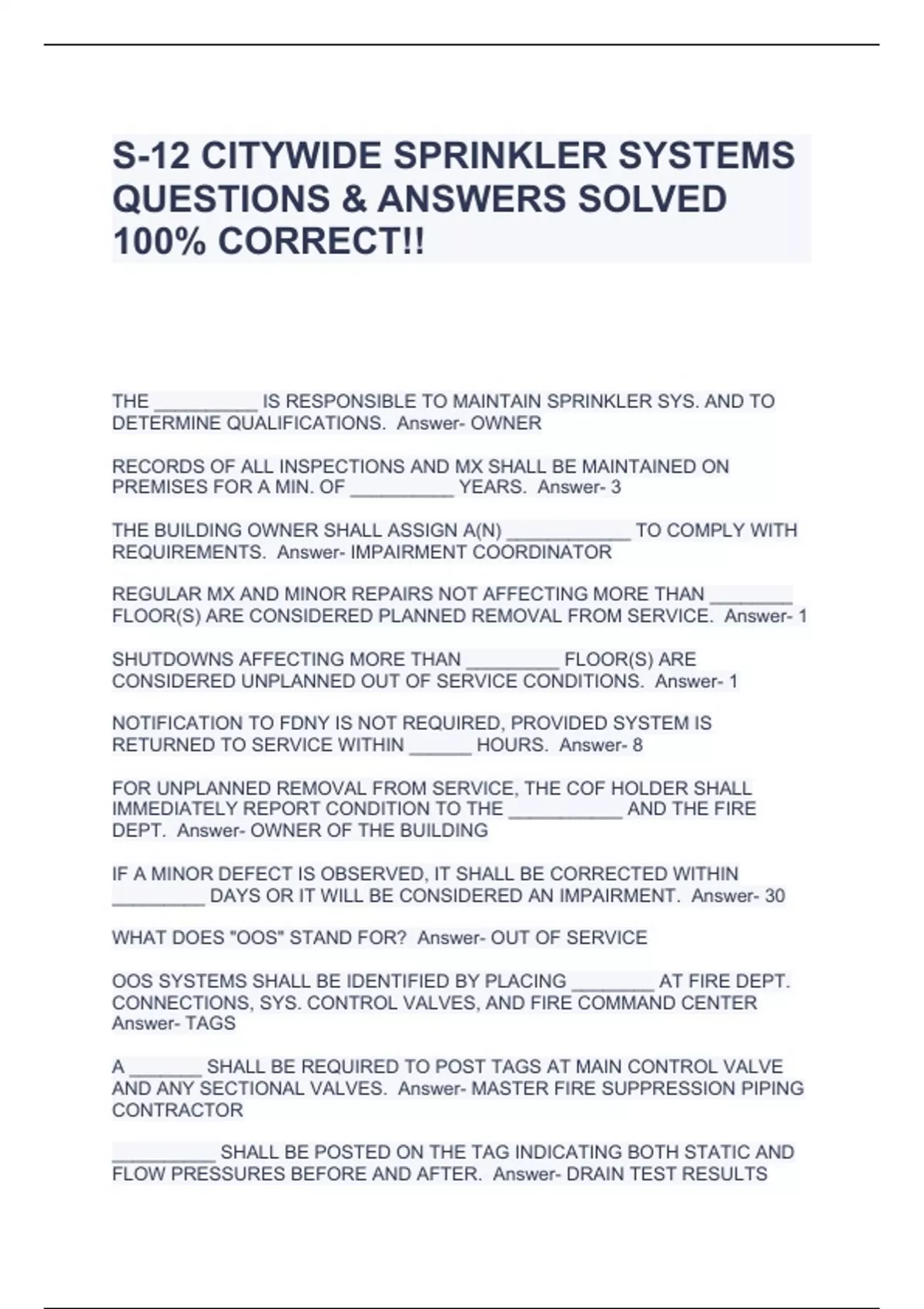 S12 CITYWIDE SPRINKLER SYSTEMS QUESTIONS & ANSWERS SOLVED 100 CORRECT