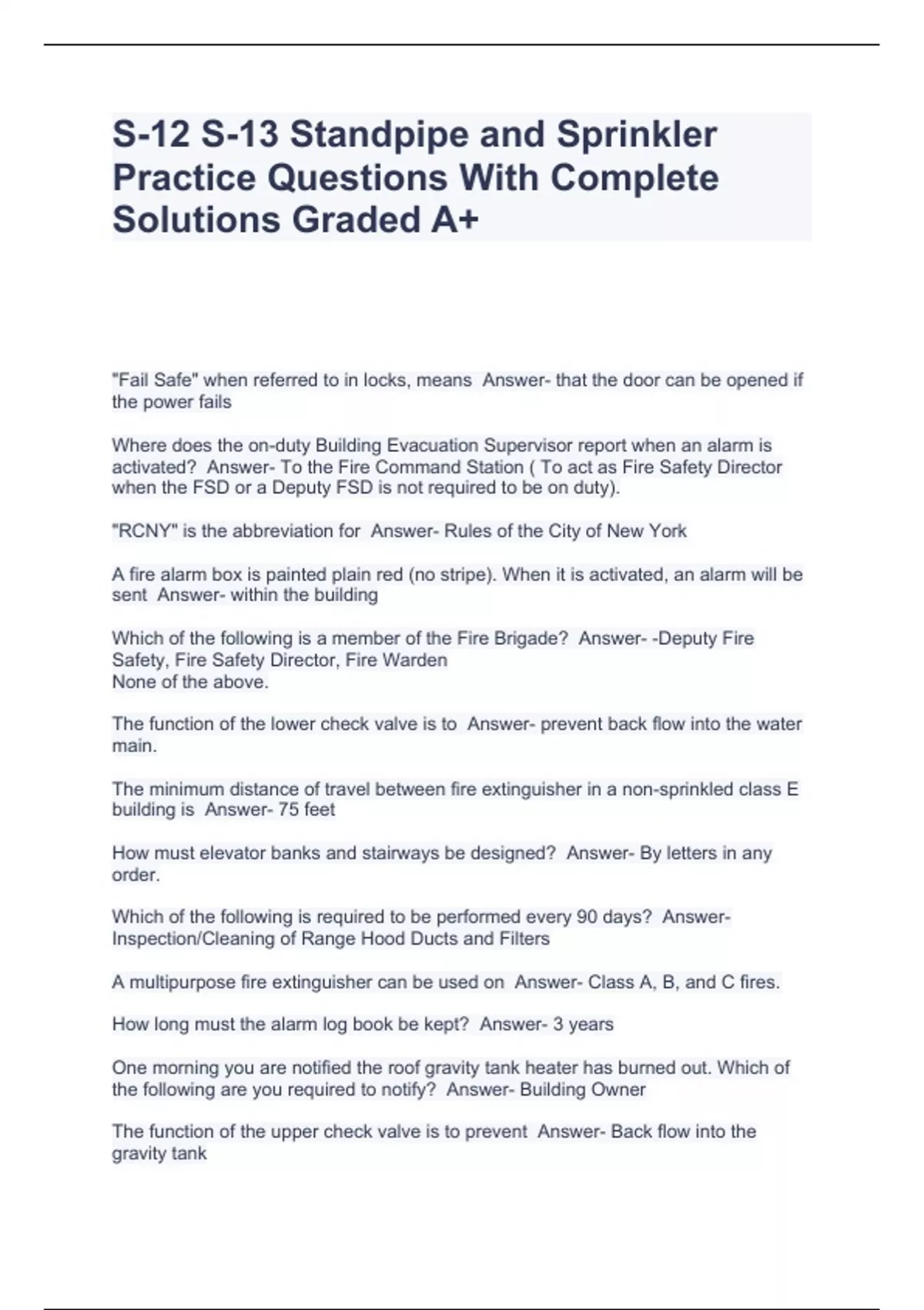 S12 S13 Standpipe and Sprinkler Practice Questions With Complete