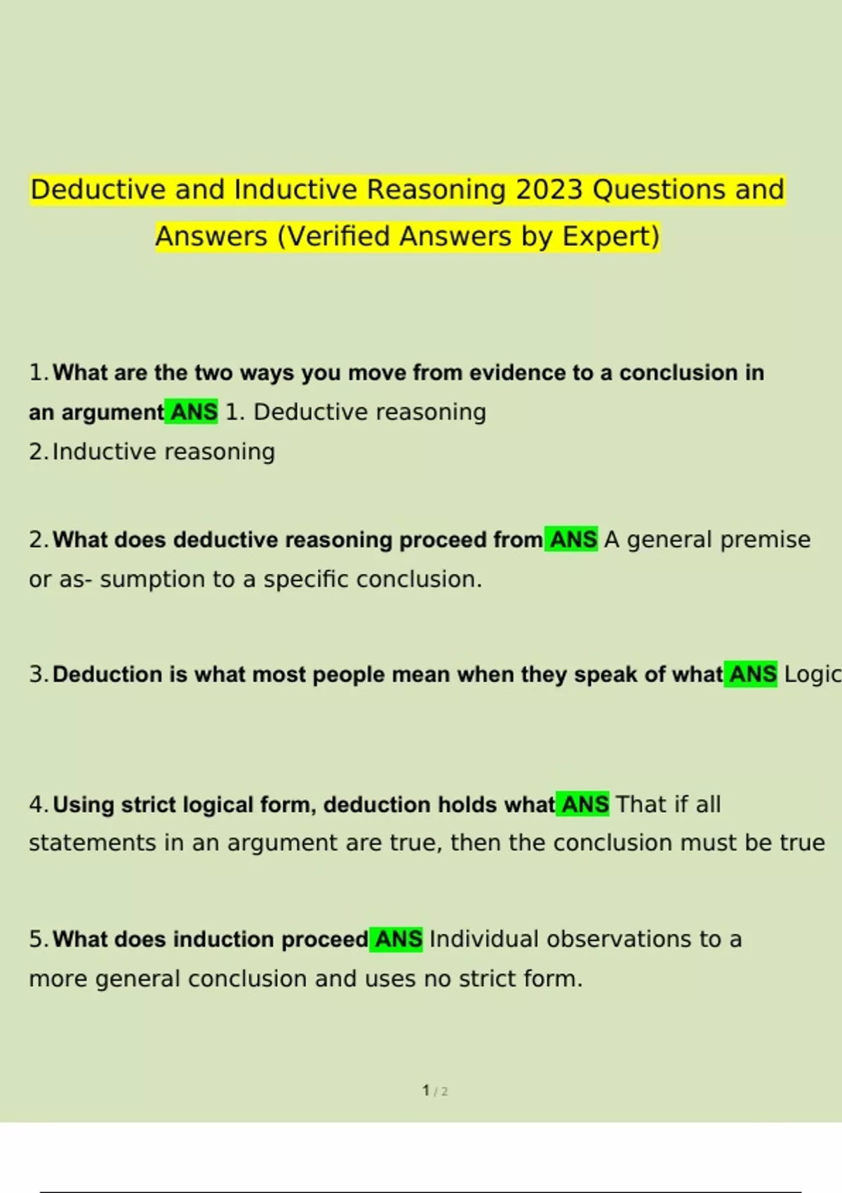 Deductive and Inductive Reasoning questions verified with 100% correct ...