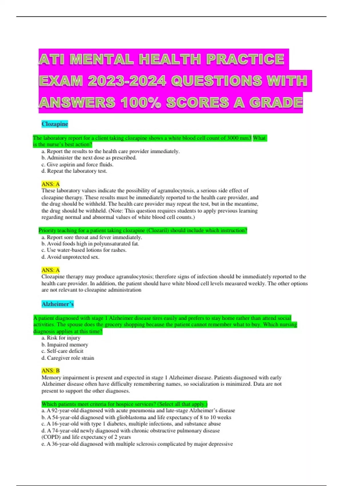 ATI MENTAL HEALTH PRACTICE EXAM QUESTIONS WITH ANSWERS 100 SCORES A
