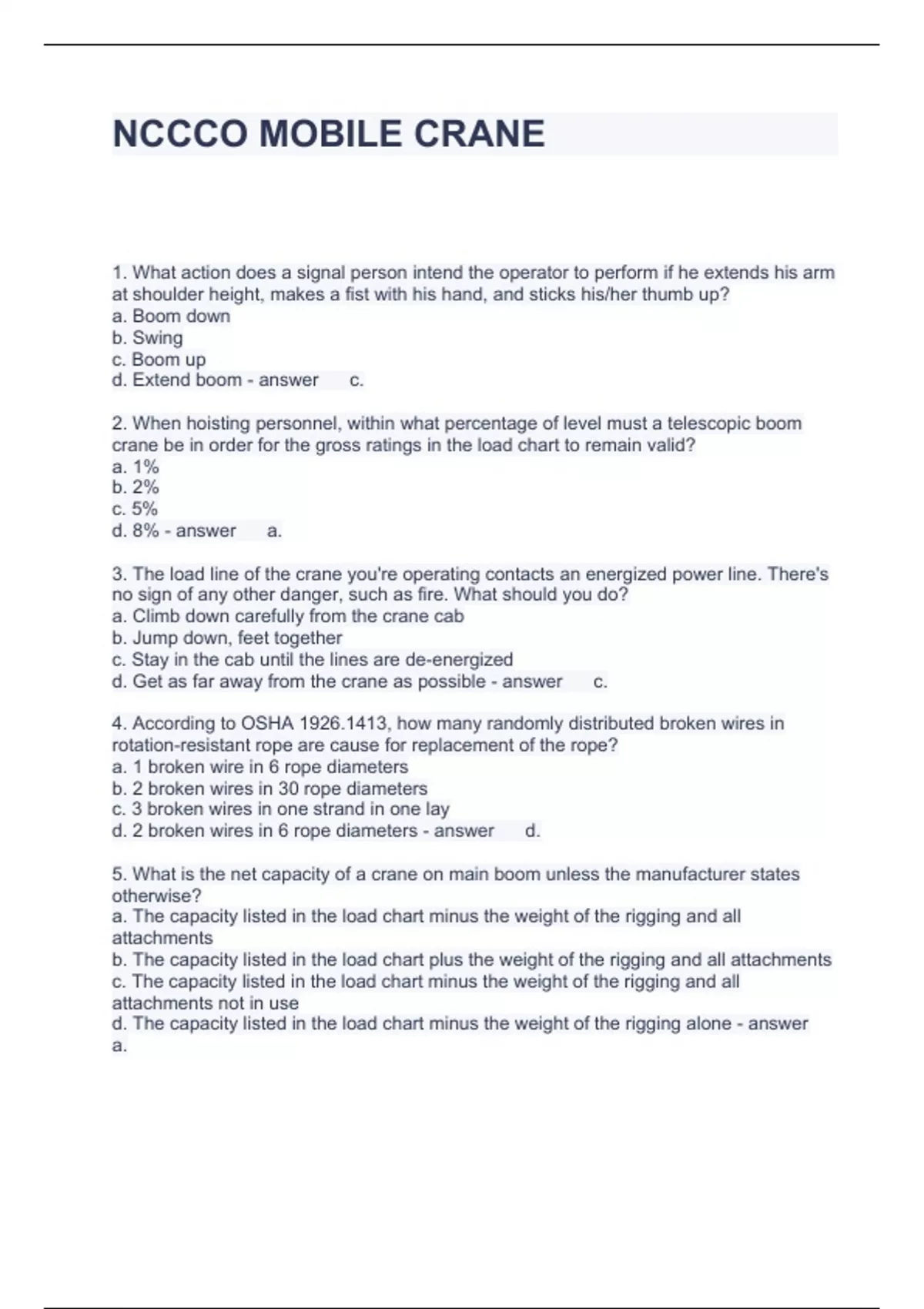 NCCCO MOBILE CRANE QUESTIONS WITH CORRECT ANSWERS 2023 Stuvia US