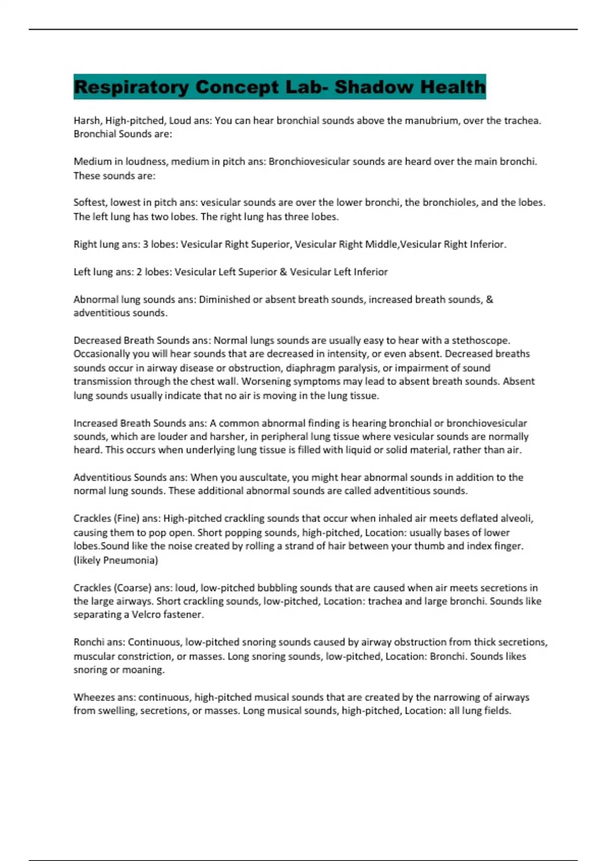 Shadow Health Respiratory Concept Lab with complete solution