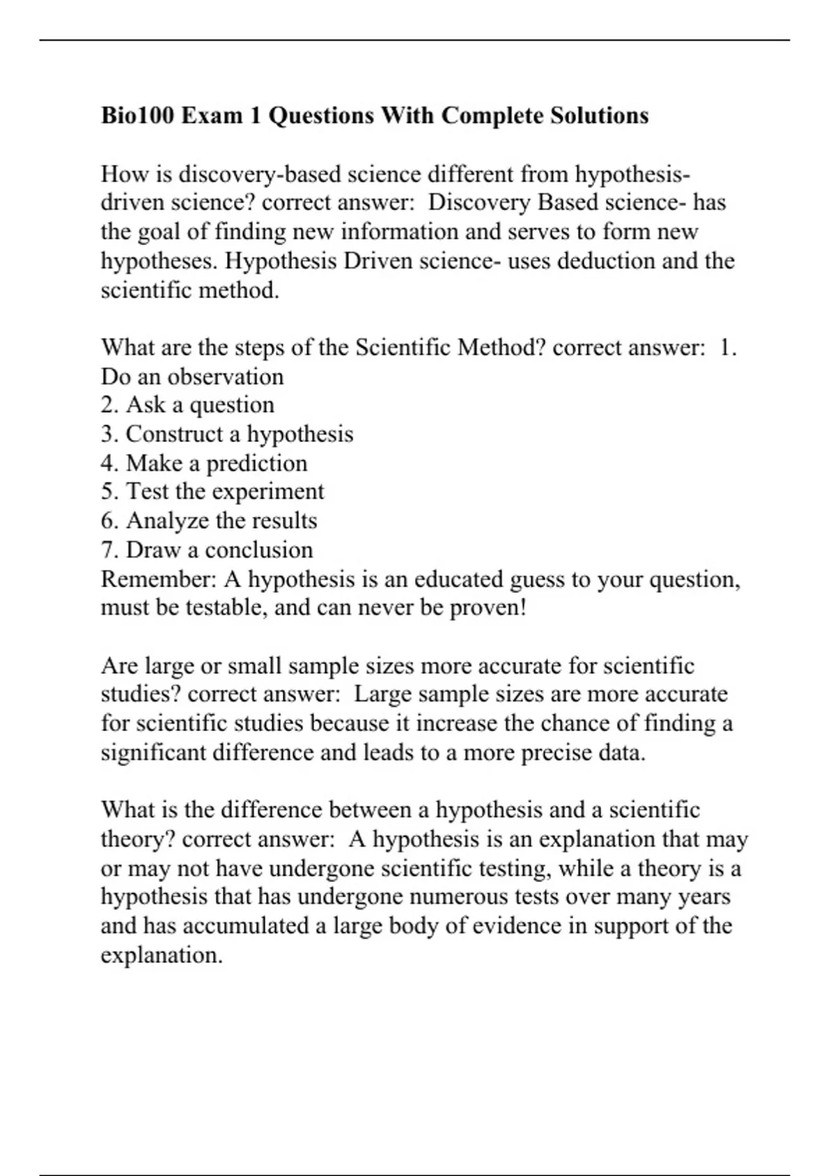 Bio100 Exam 1 Questions With Complete Solutions - BIO 100 - Stuvia US
