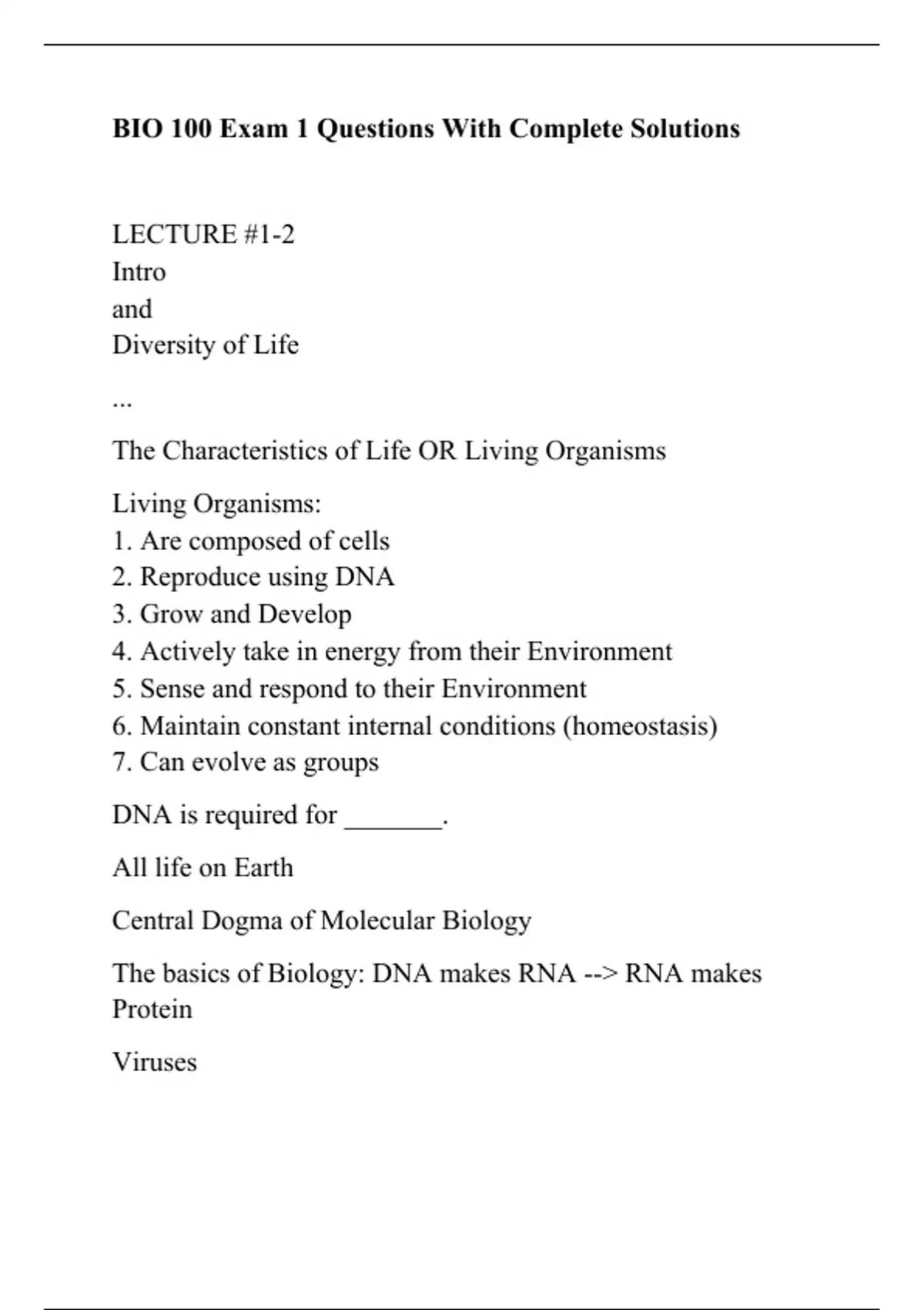 BIO 100 Exam 1 Questions With Complete Solution - BIO 100 - Stuvia US