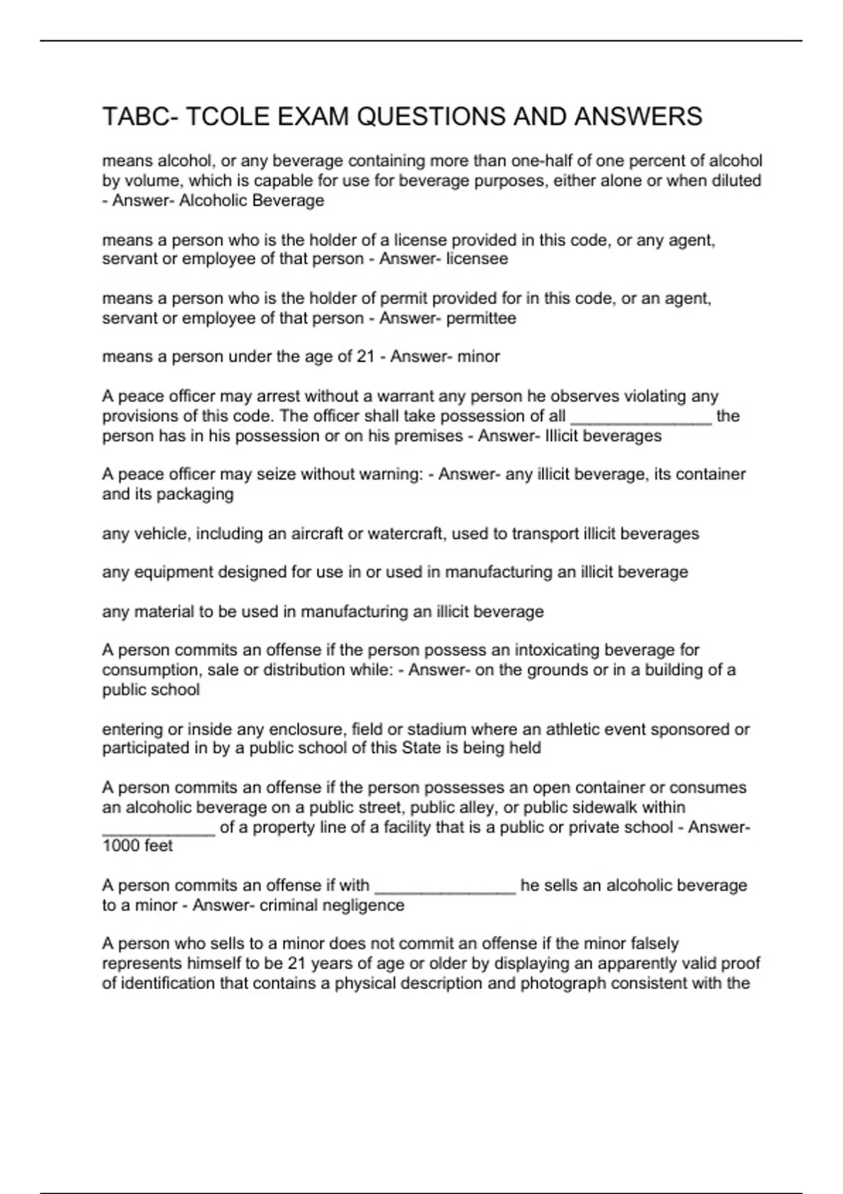 TABC TCOLE EXAM QUESTIONS AND ANSWERS TABC TCOLE Stuvia US