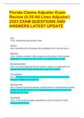 Florida Claims Adjuster Exam  Review &lpar;6-20 All Lines Adjuster&rpar;  2023 EXAM QUESTIONS AND  ANSWERS LATEST UPDATE