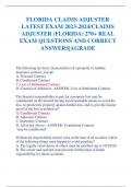 FLORIDA CLAIMS ADJUSTER  LATEST EXAM 2023-2024&sol;CLAIMS  ADJUSTER &lpar;FLORIDA&rpar; 270&plus; REAL  EXAM QUESTIONS AND CORRECT  ANSWERS&vert;AGRADE