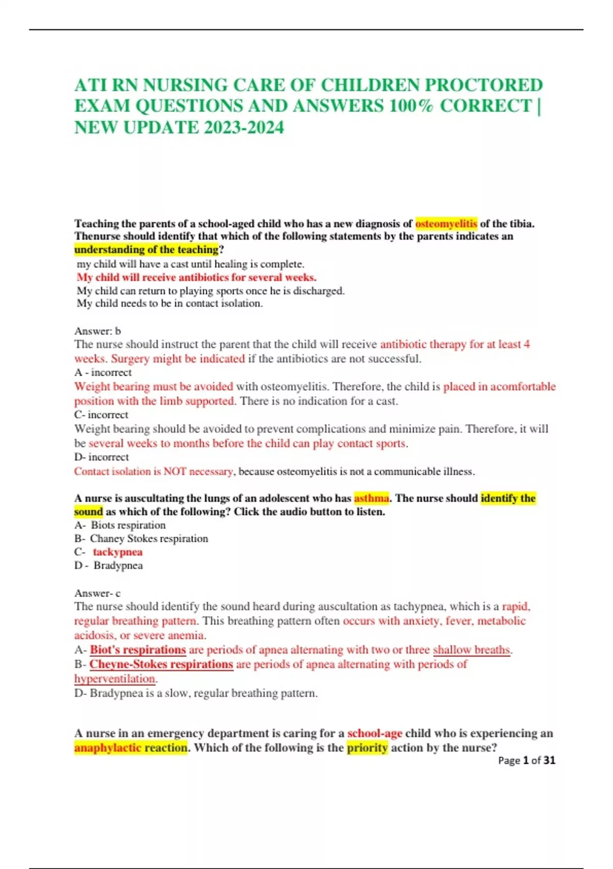 ATI RN NURSING CARE OF CHILDREN PROCTORED EXAM QUESTIONS AND ANSWERS ...