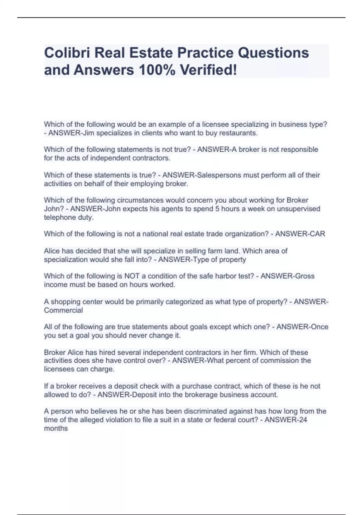 Colibri Real Estate Practice Questions and Answers 100 Verified