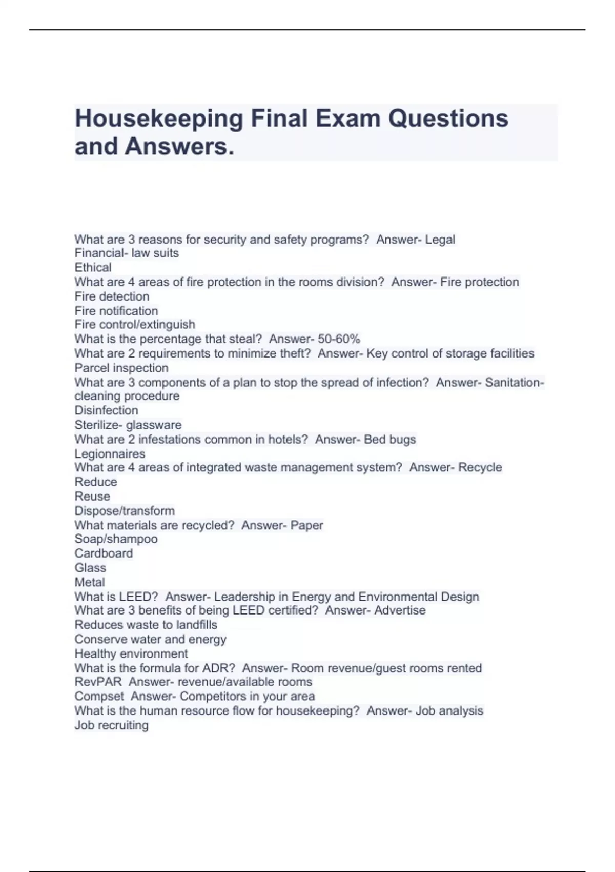 Housekeeping Final Exam Questions and Answers. - Housekeeping - Stuvia US