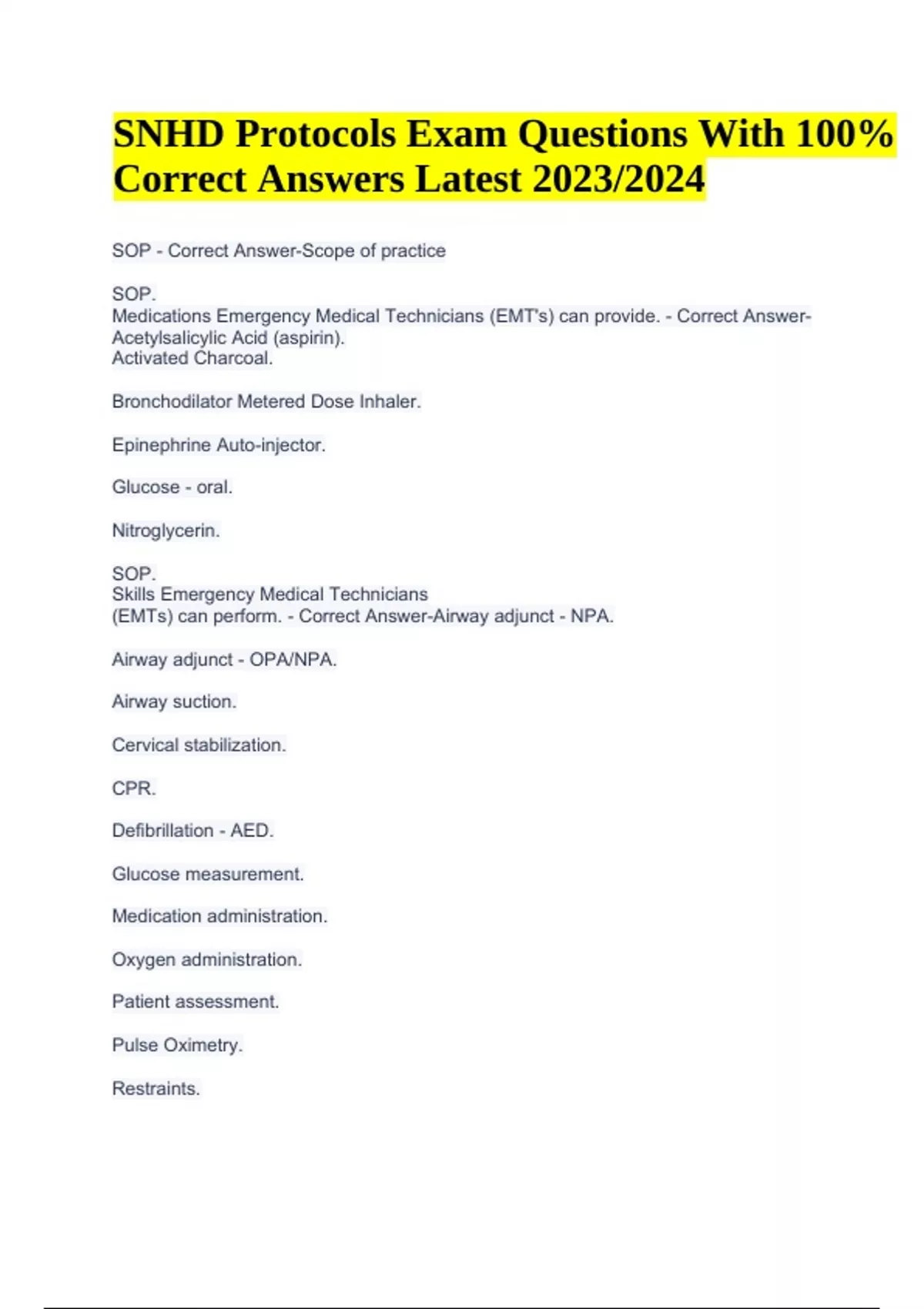 SNHD Protocols Exam Questions With Correct Answers Latest 2023/2024
