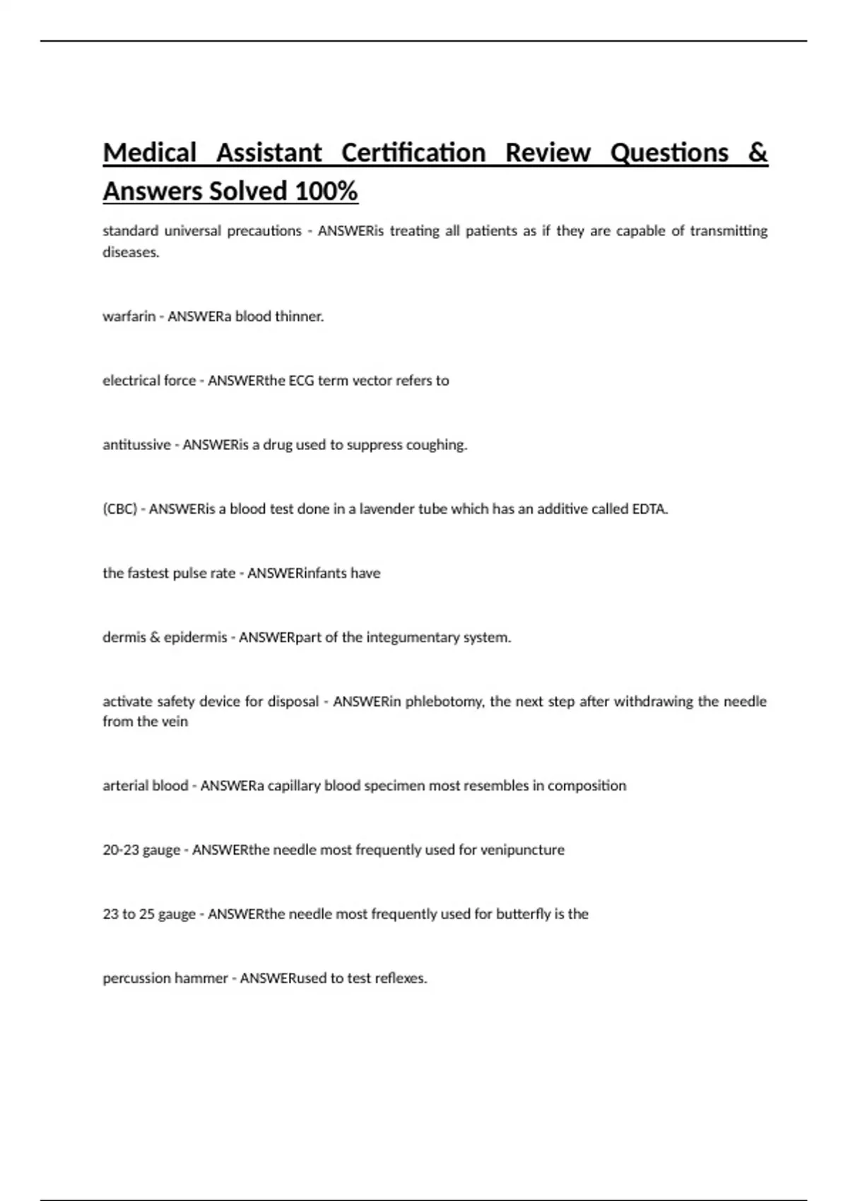 Medical Assistant Certification Review Questions & Answers Solved 100