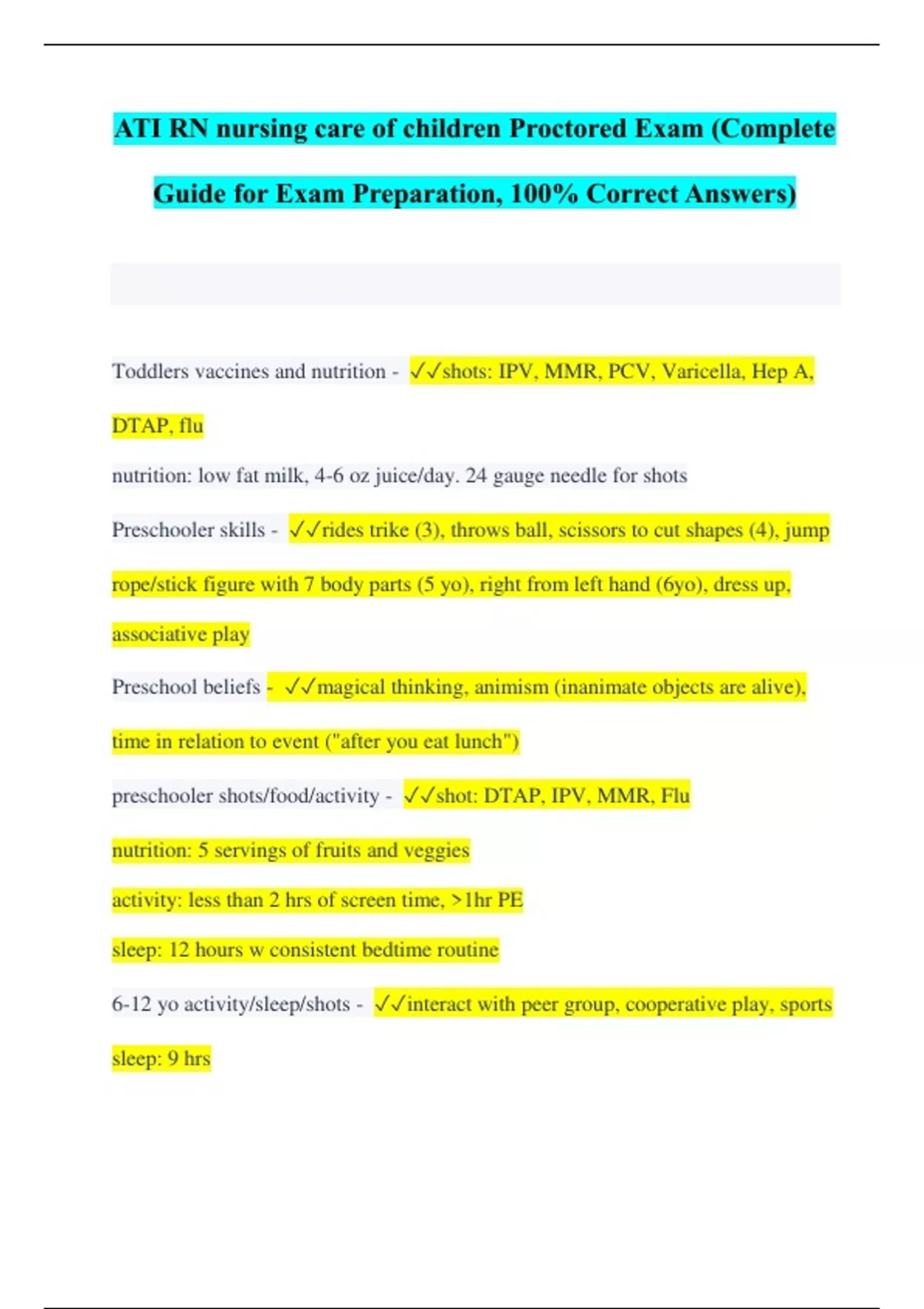 ATI RN nursing care of children Proctored Exam (Complete Guide for Exam ...